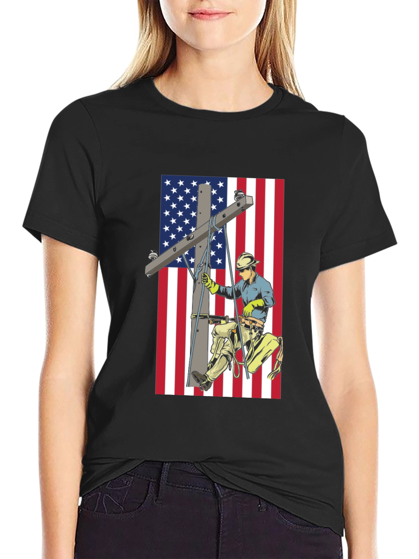 Electric Lineman American Flag Graphic T-Shirt