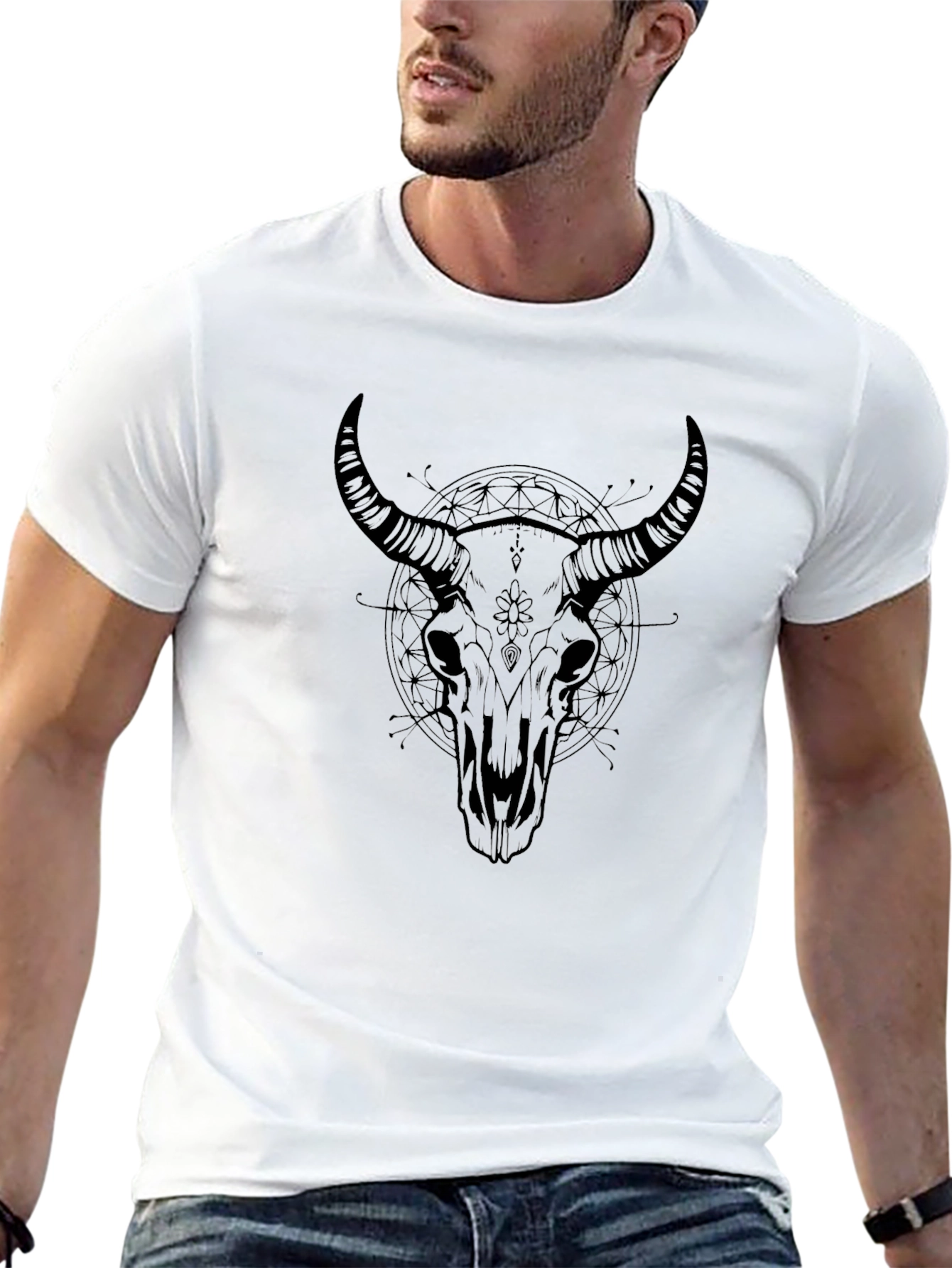 Black Bull Skull Graphic Tee - Mens Casual Shirt