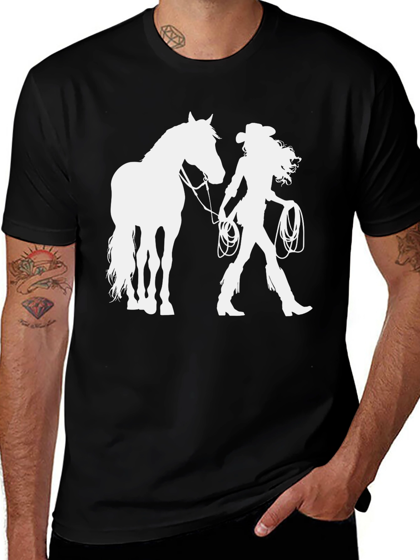 Cowgirl & Horse Graphic T-Shirt - Black