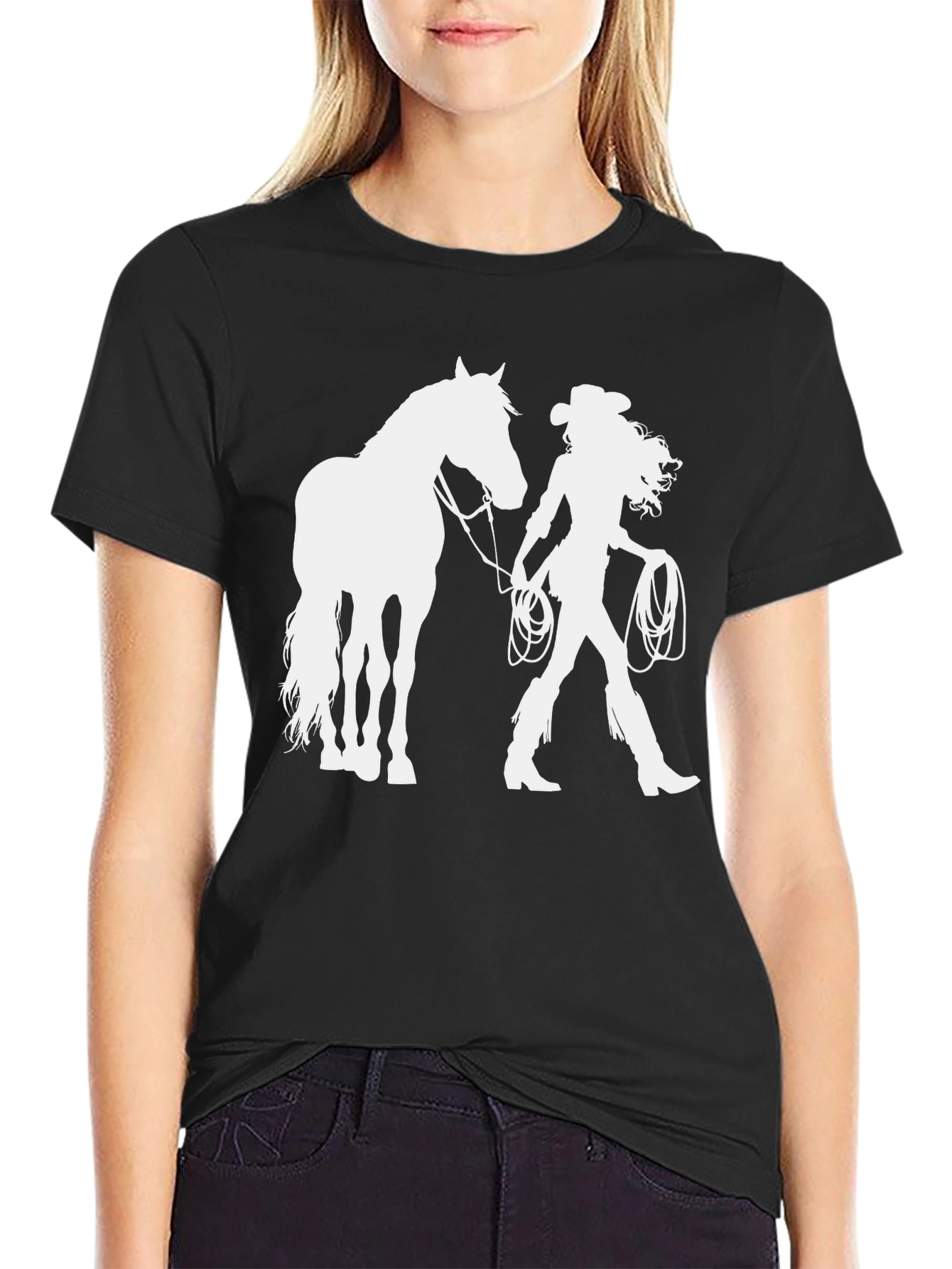 Cowgirl & Horse Graphic T-Shirt - Black