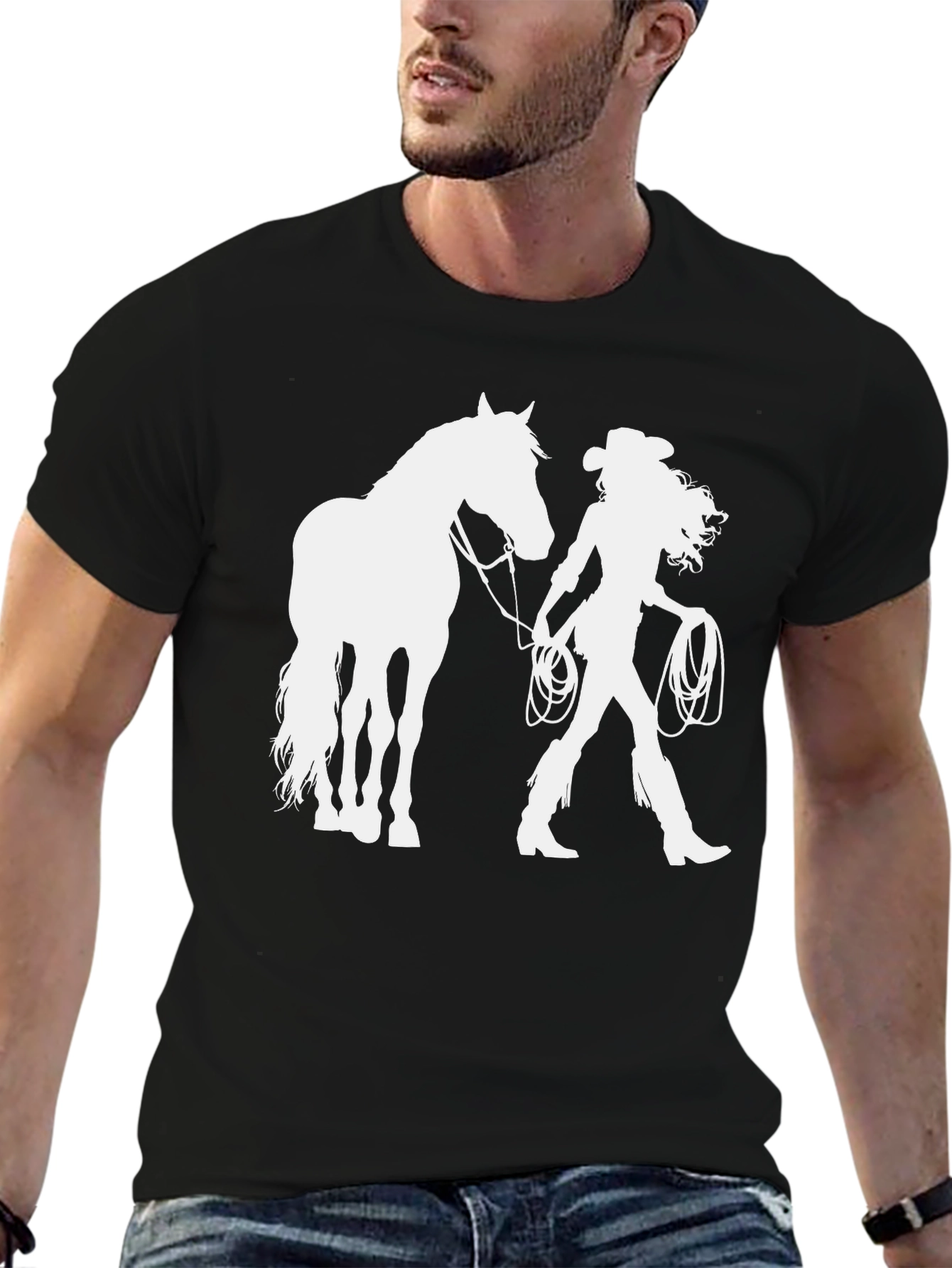 Cowgirl & Horse Graphic T-Shirt - Black