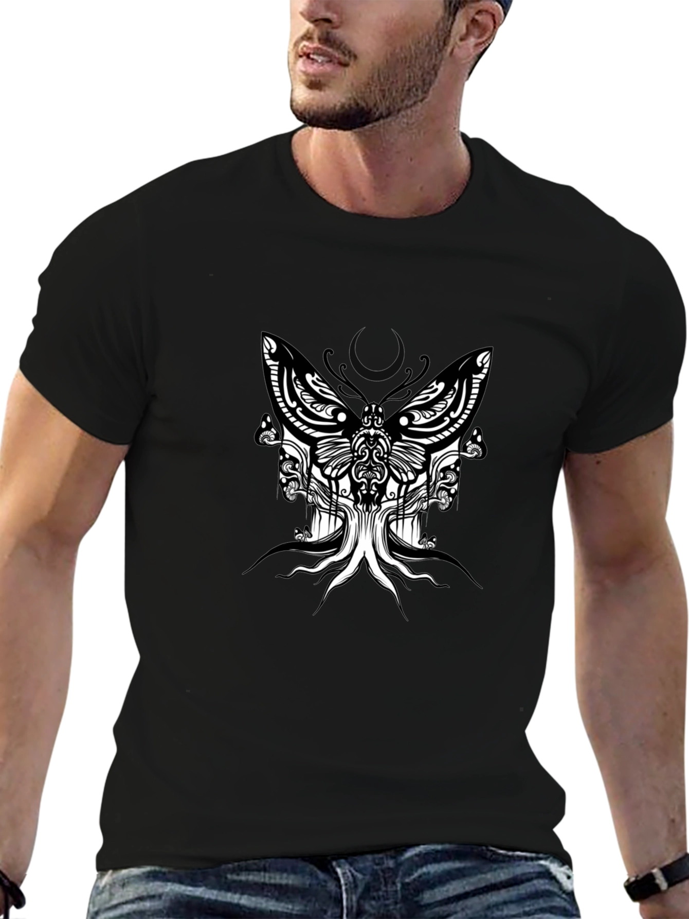 Abstract Butterfly Graphic Tee - Black Cotton Blend T-Shirt