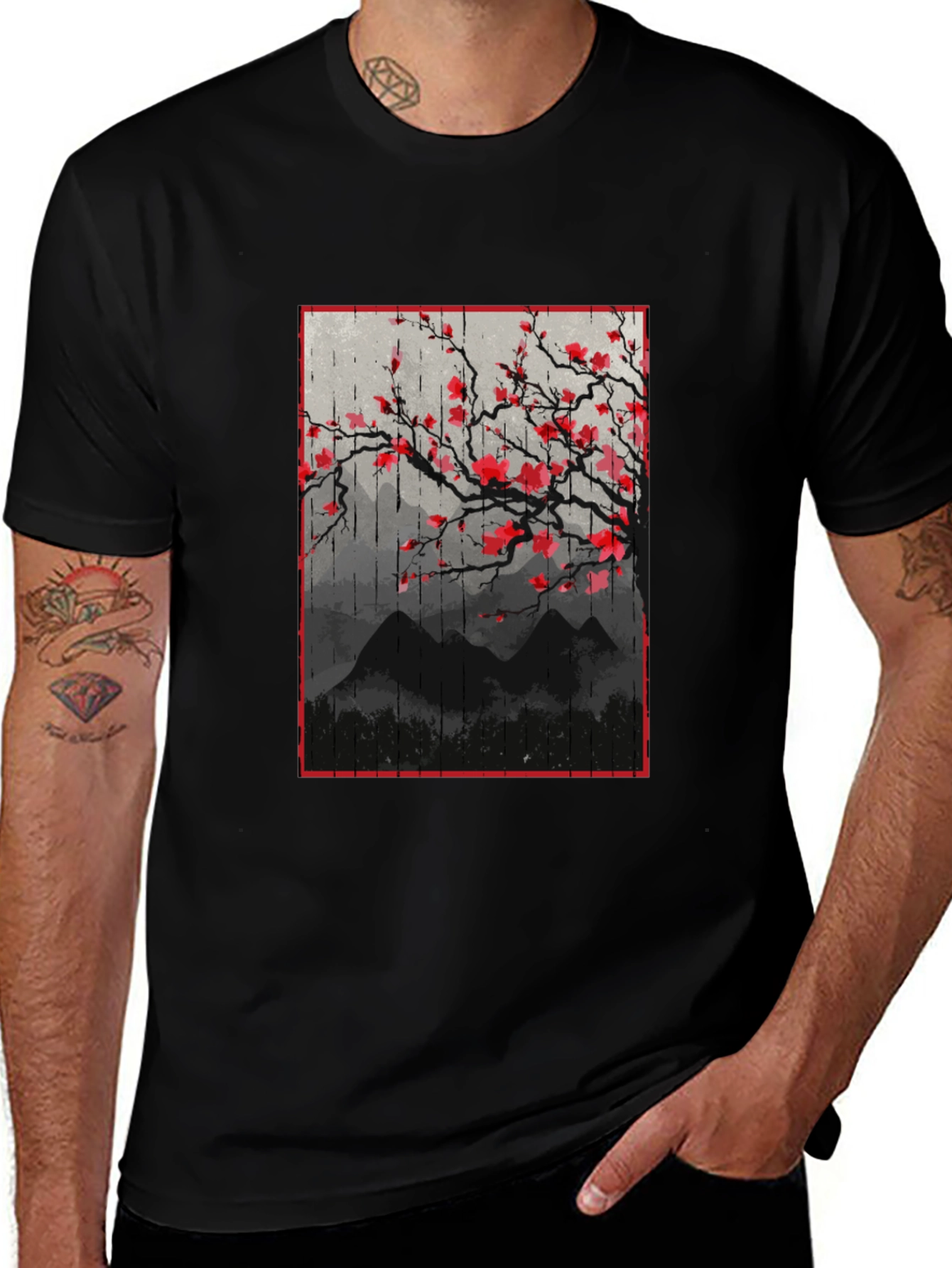 Black T-Shirt with Japanese Floral Mountain Print