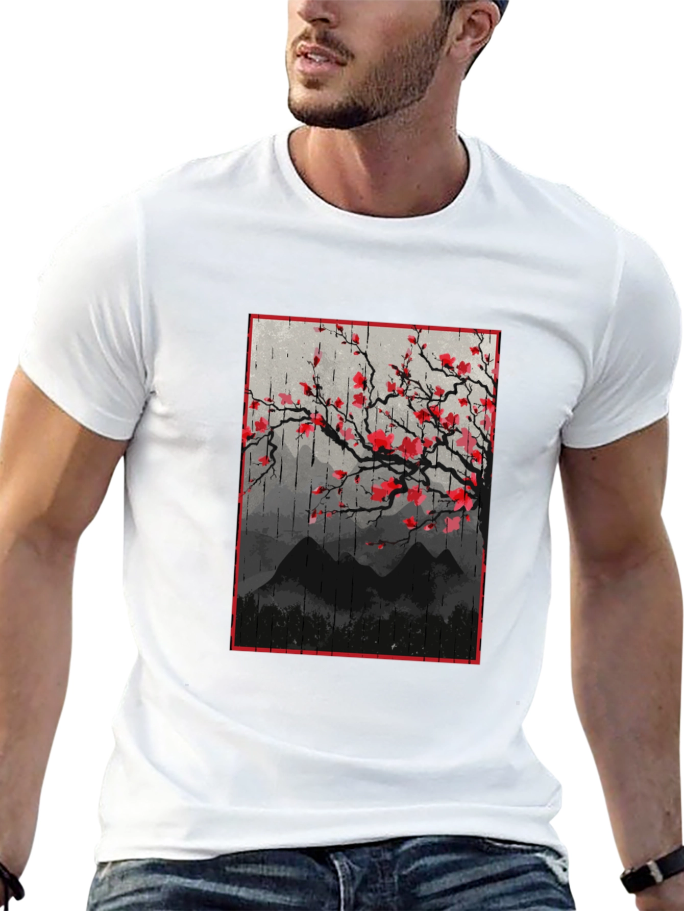 Black T-Shirt with Japanese Floral Mountain Print