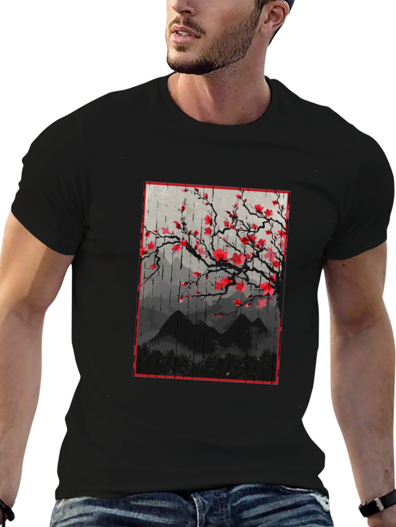 Black T-Shirt with Japanese Floral Mountain Print