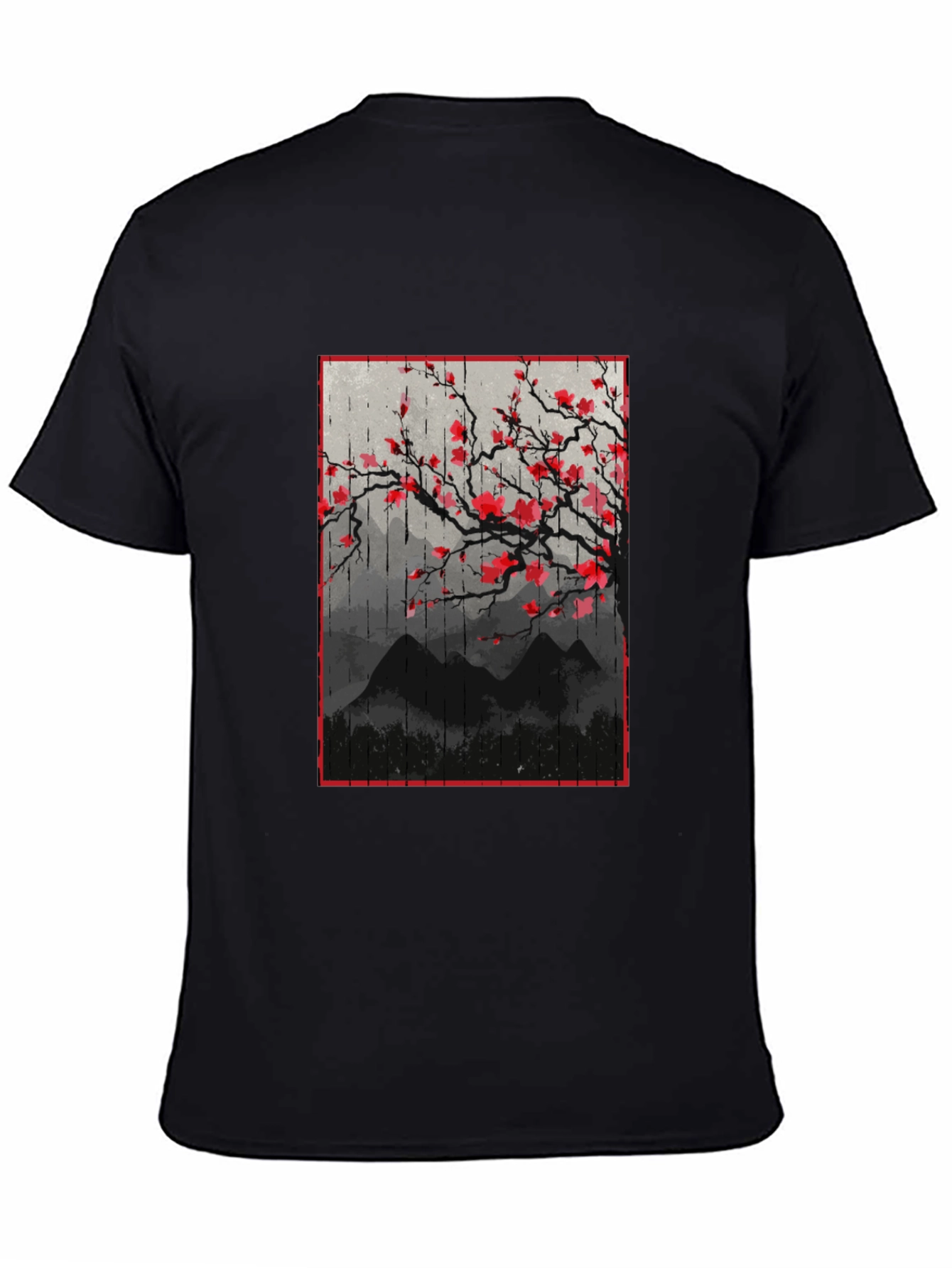 Black T-Shirt with Japanese Floral Mountain Print