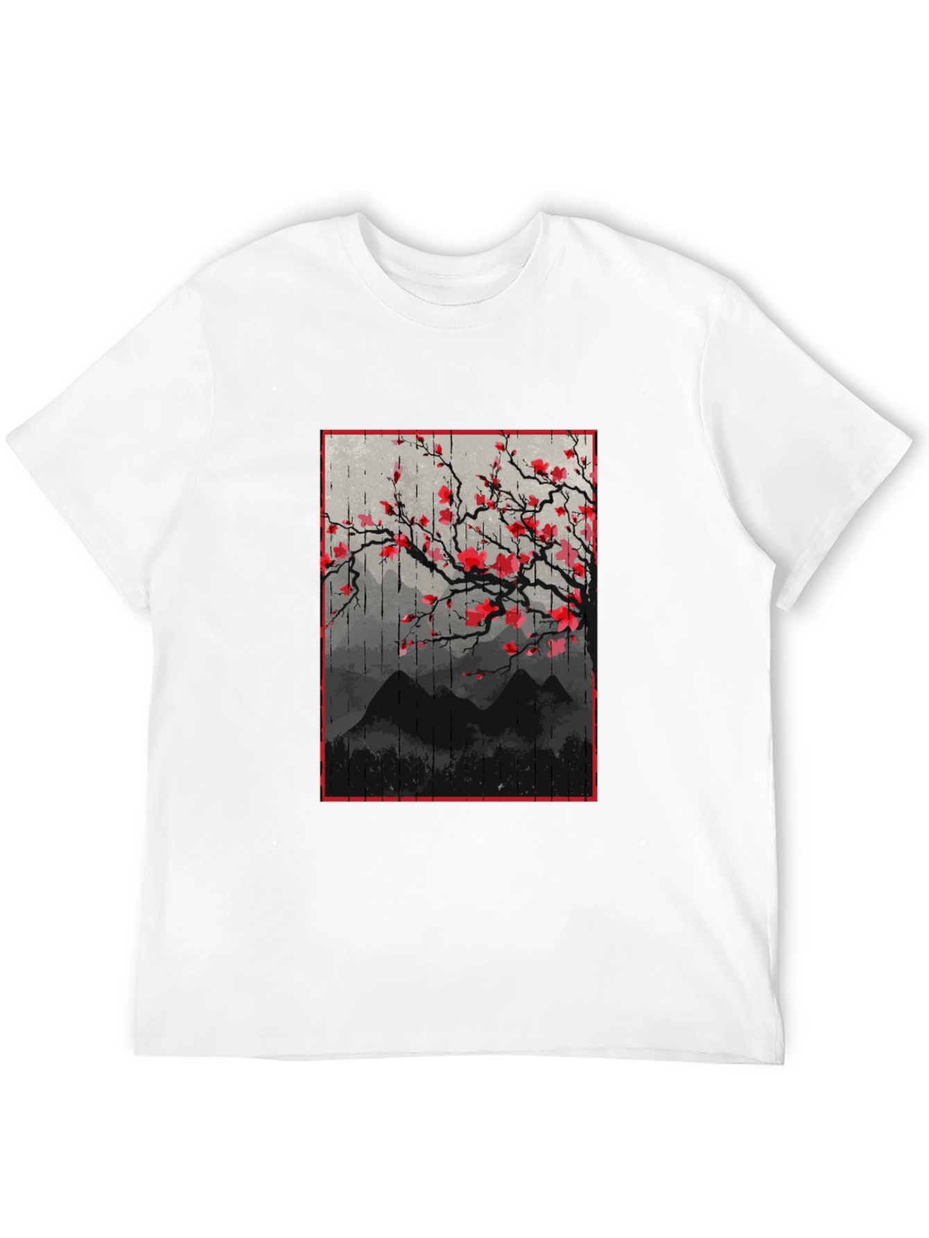 Black T-Shirt with Japanese Floral Mountain Print