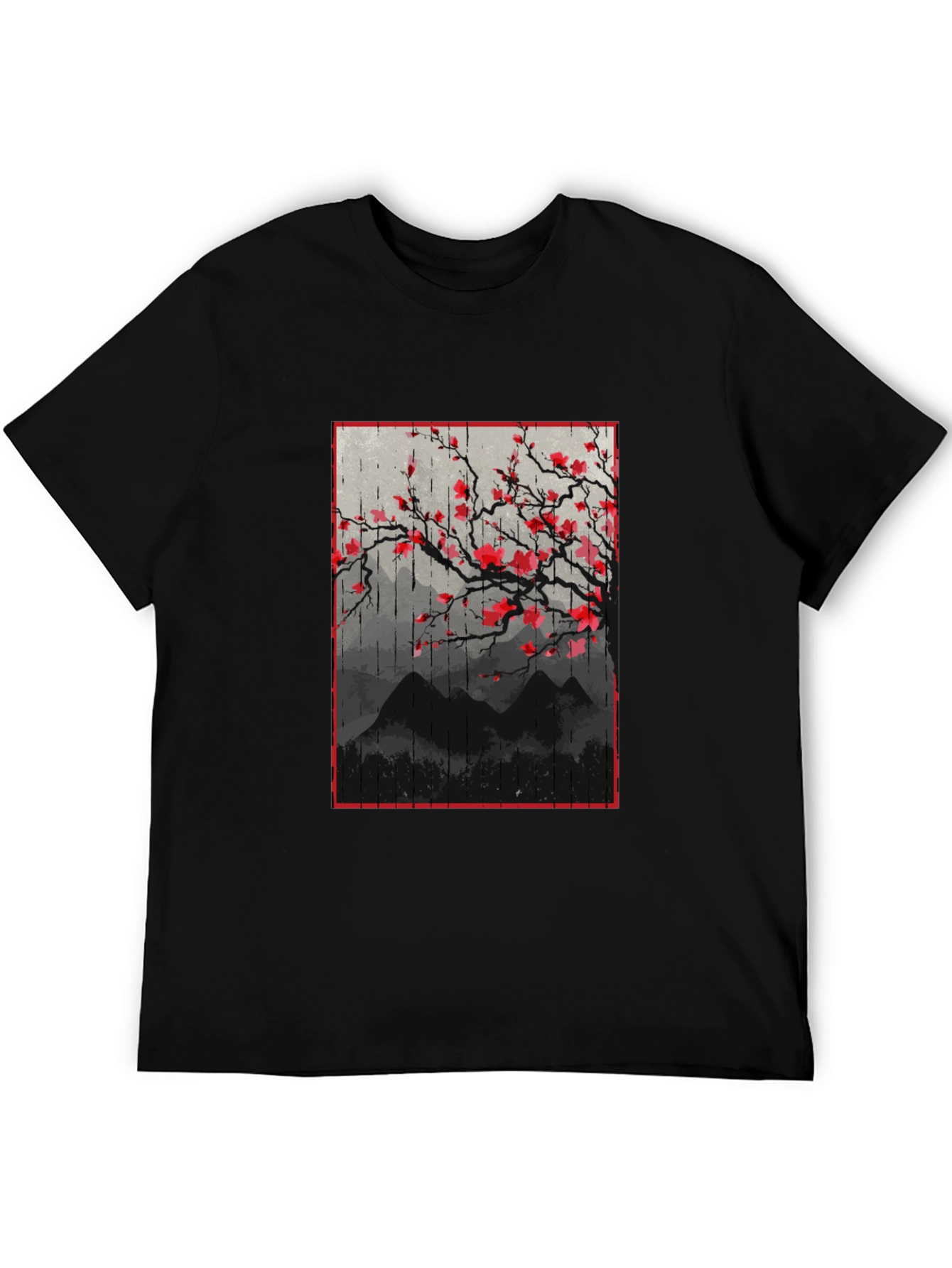 Black T-Shirt with Japanese Floral Mountain Print