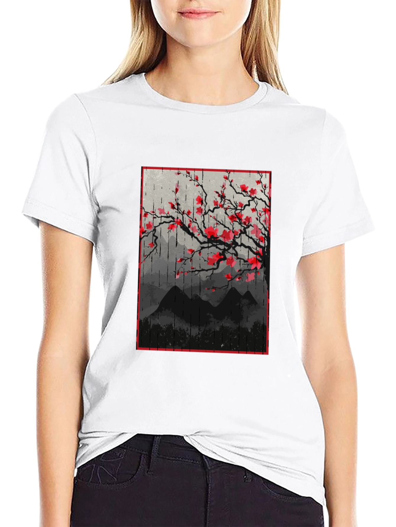Black T-Shirt with Japanese Floral Mountain Print