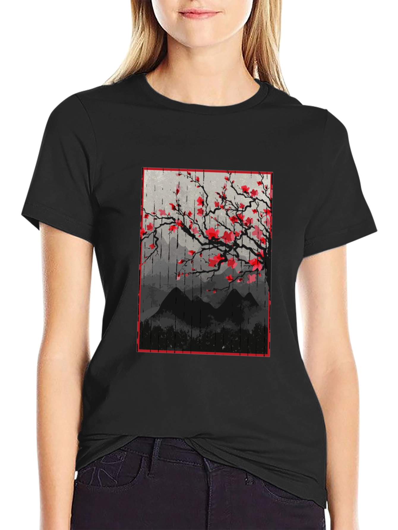 Black T-Shirt with Japanese Floral Mountain Print