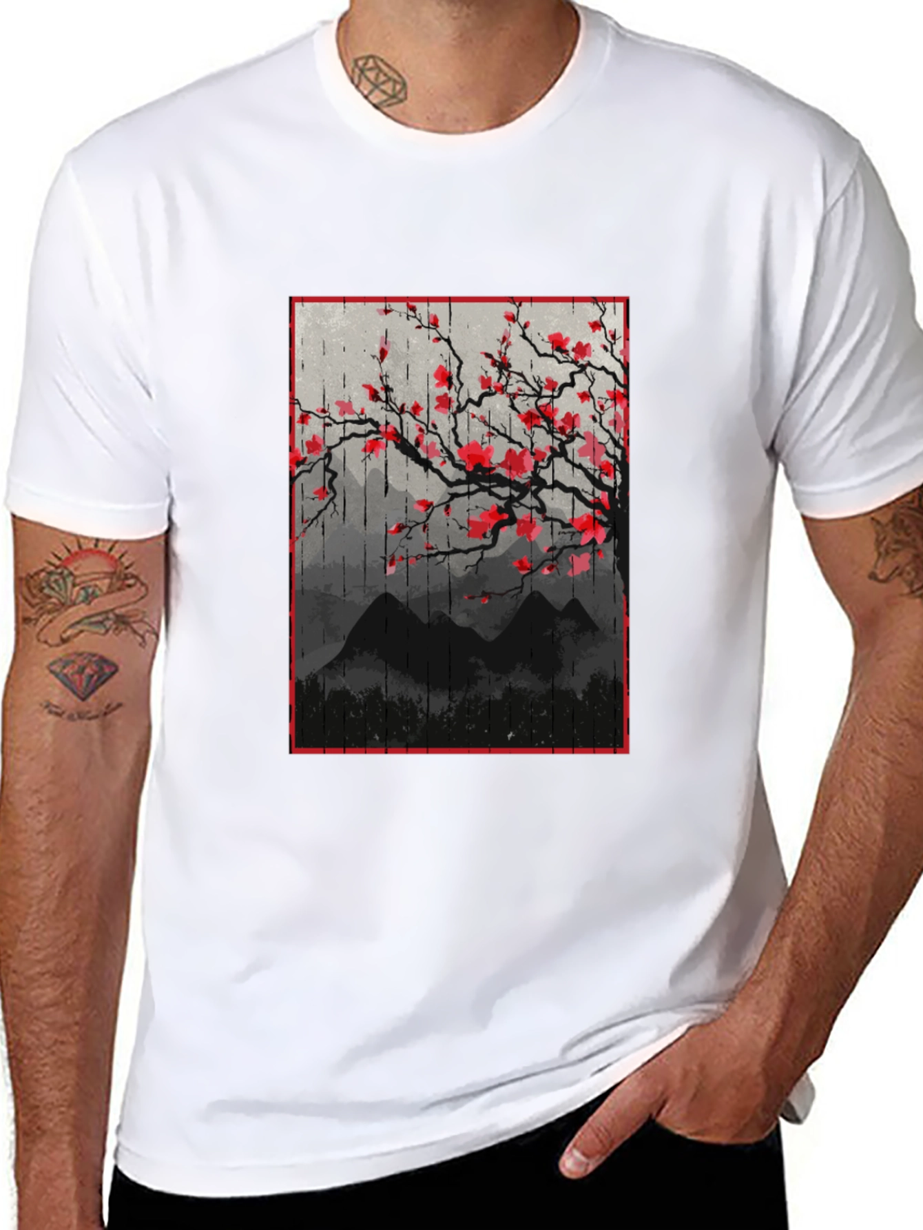 Black T-Shirt with Japanese Floral Mountain Print