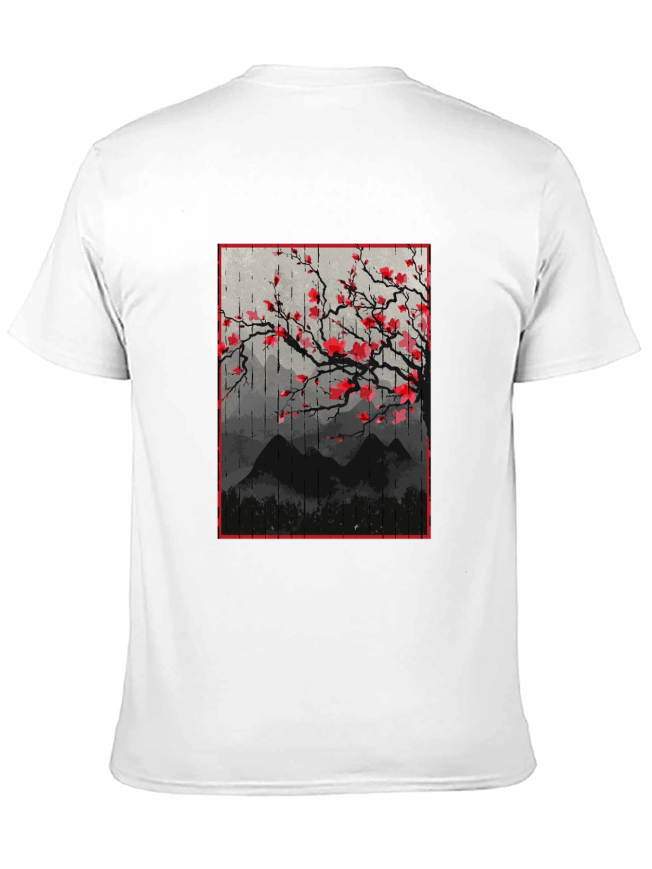 Black T-Shirt with Japanese Floral Mountain Print
