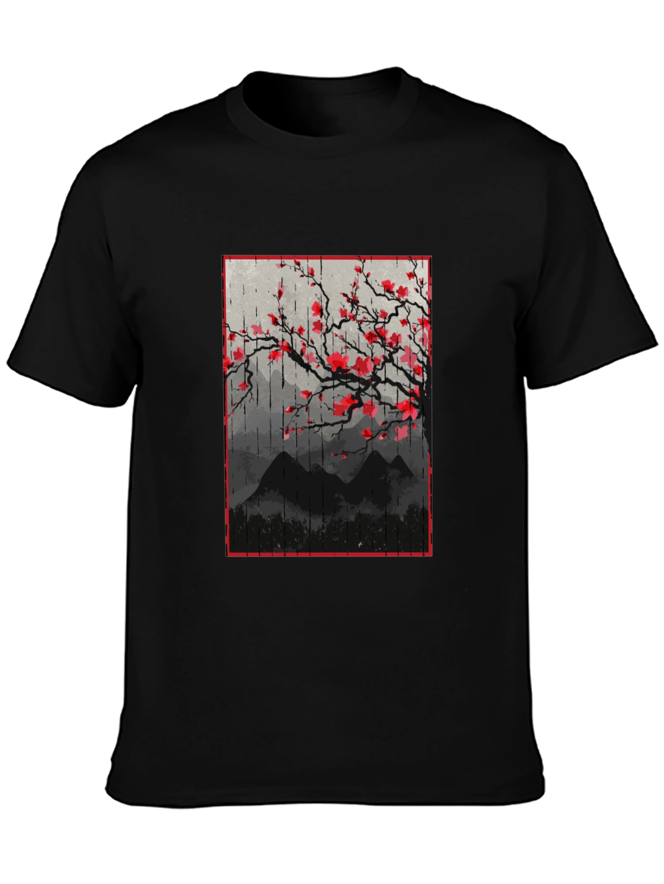 Black T-Shirt with Japanese Floral Mountain Print
