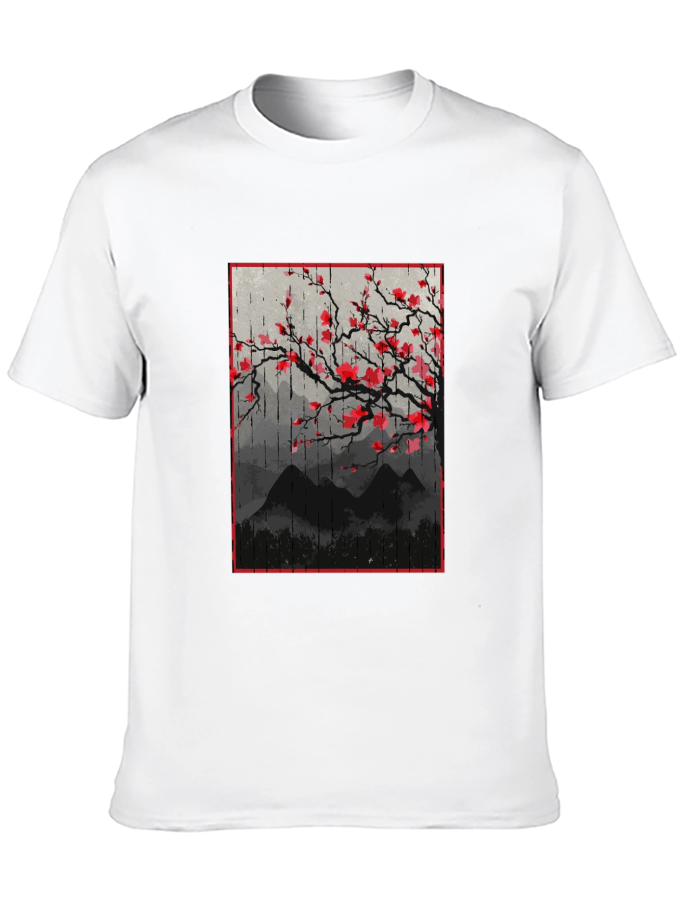 Black T-Shirt with Japanese Floral Mountain Print