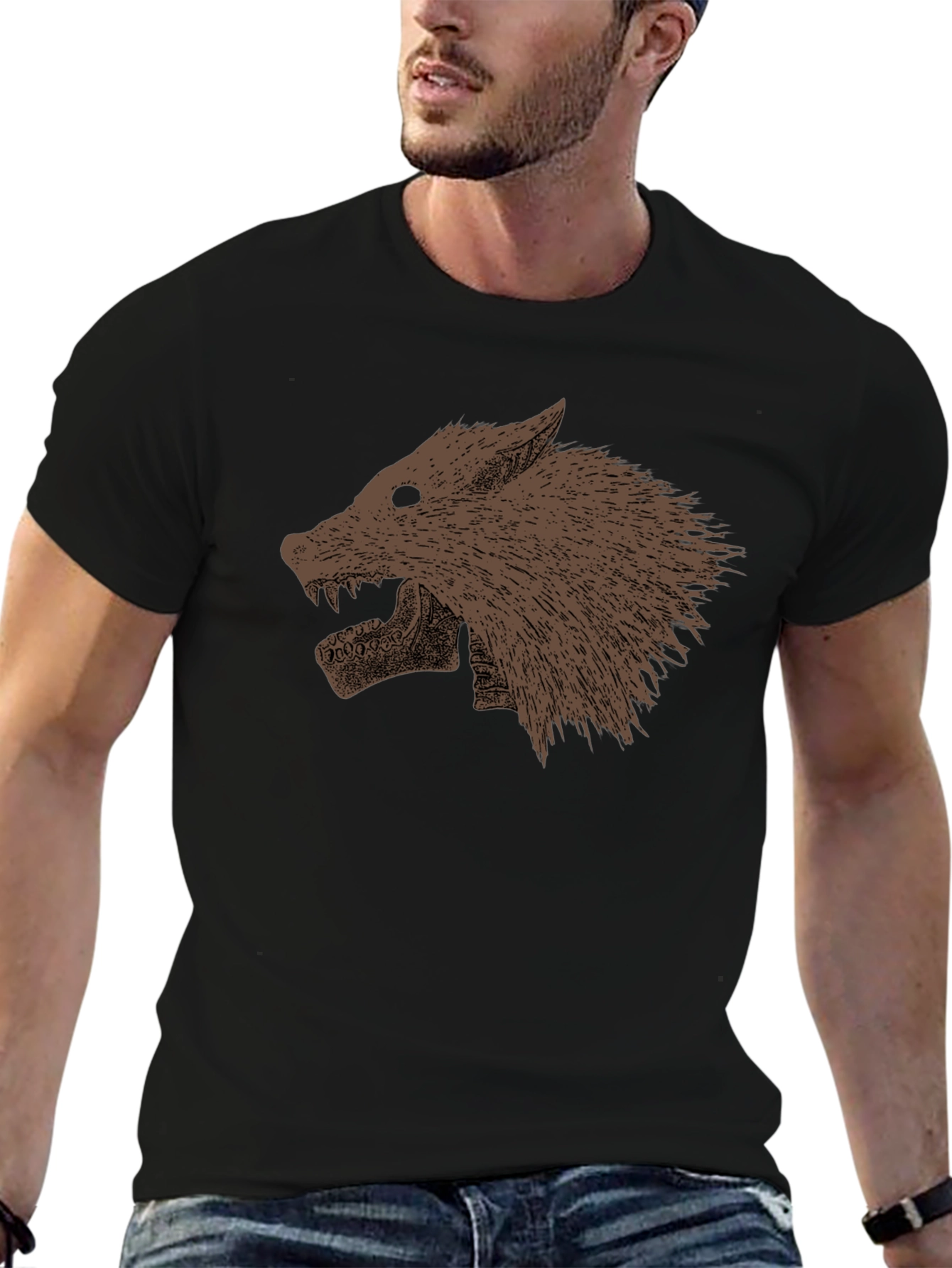 Black T-Shirt with Wolf Graphic