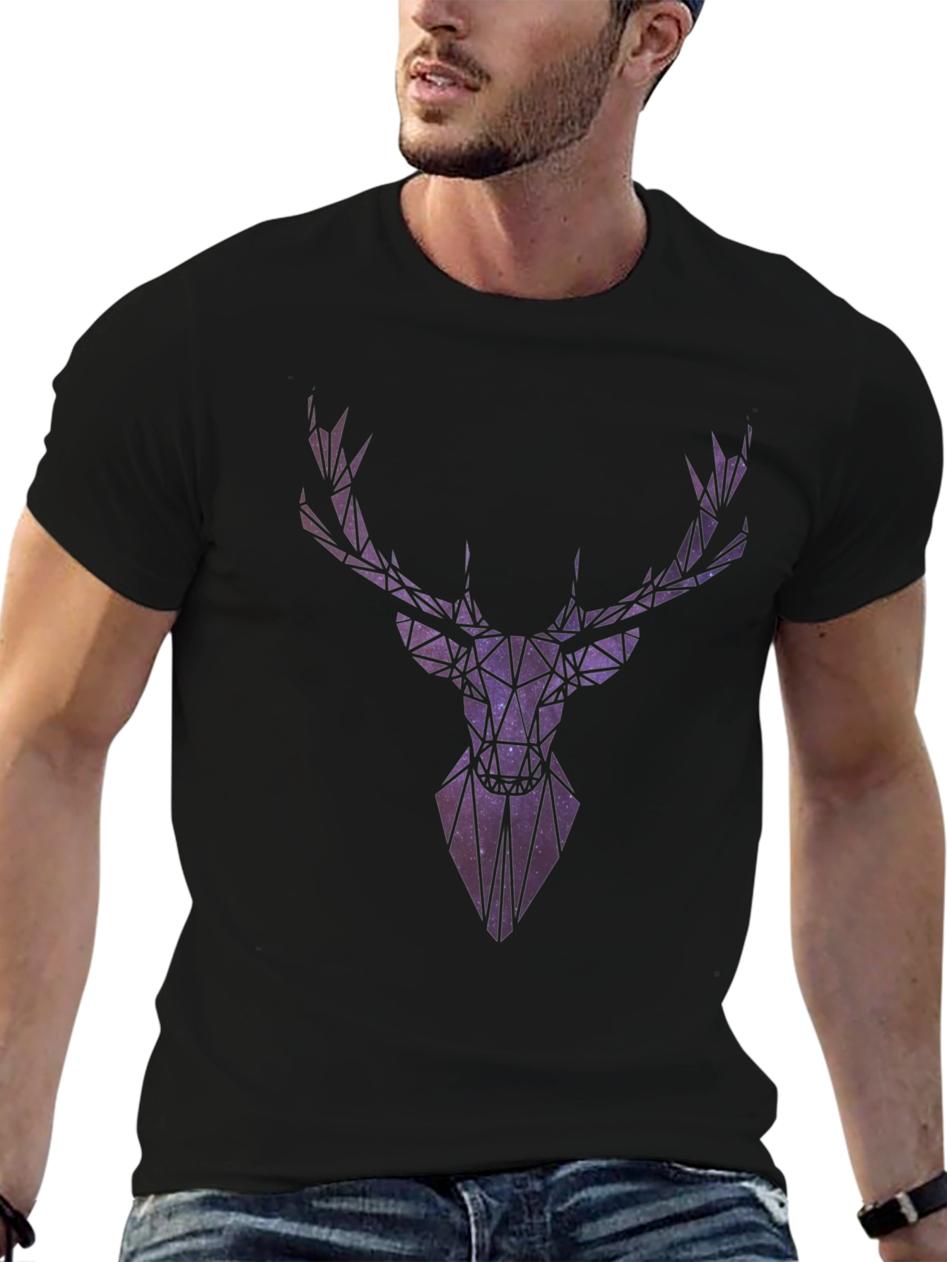 Geometric Galaxy Deer Head Graphic T-Shirt