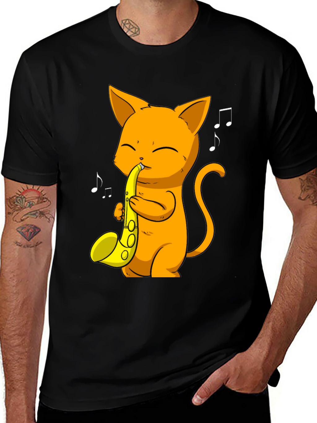 Cat Saxophone Player Black T-Shirt