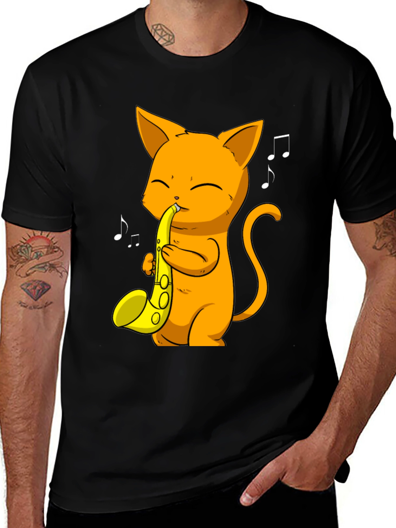 Cat Saxophone Player Black T-Shirt