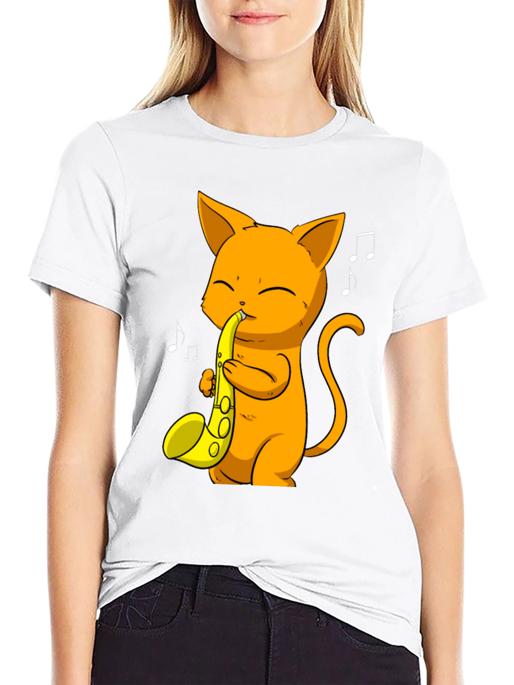 Cat Saxophone Player Black T-Shirt