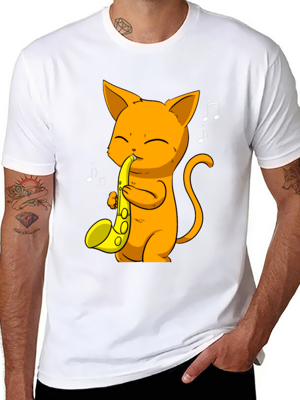 Cat Saxophone Player Black T-Shirt