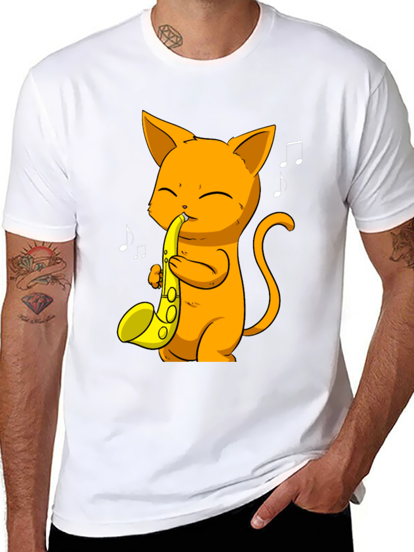 Cat Saxophone Player Black T-Shirt