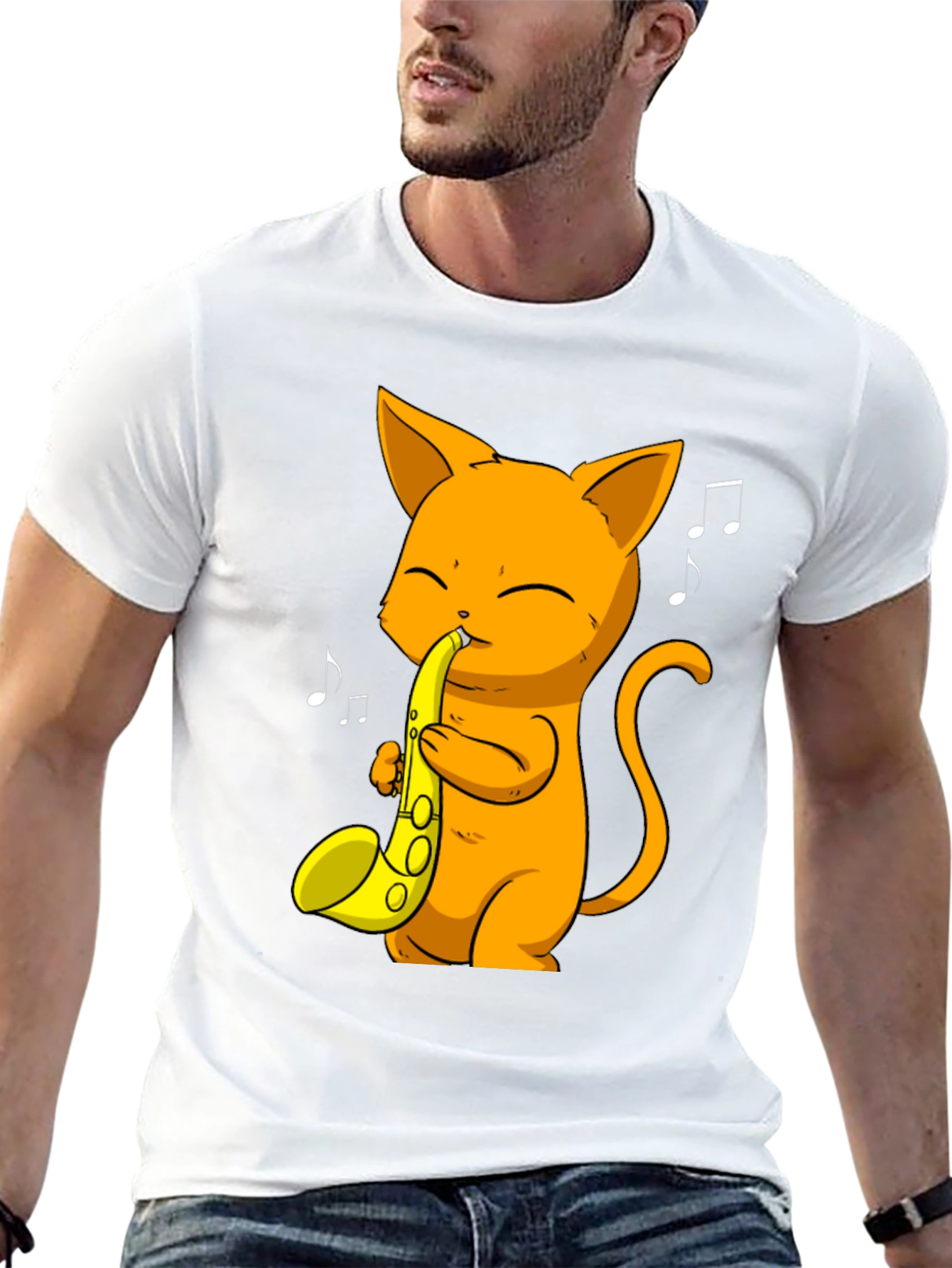 Cat Saxophone Player Black T-Shirt