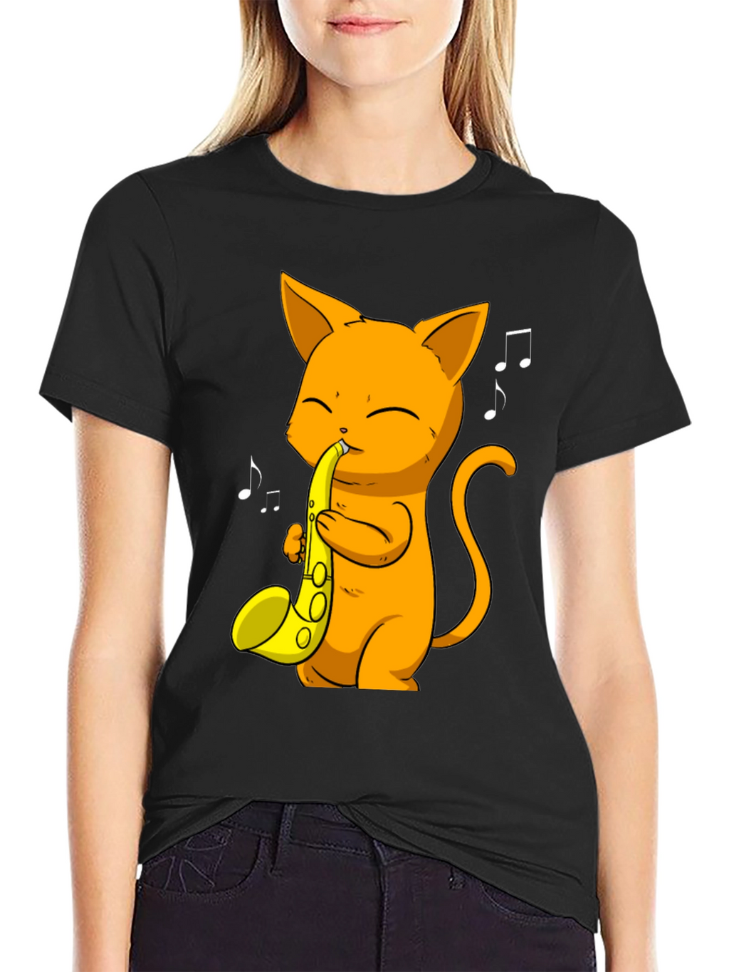 Cat Saxophone Player Black T-Shirt