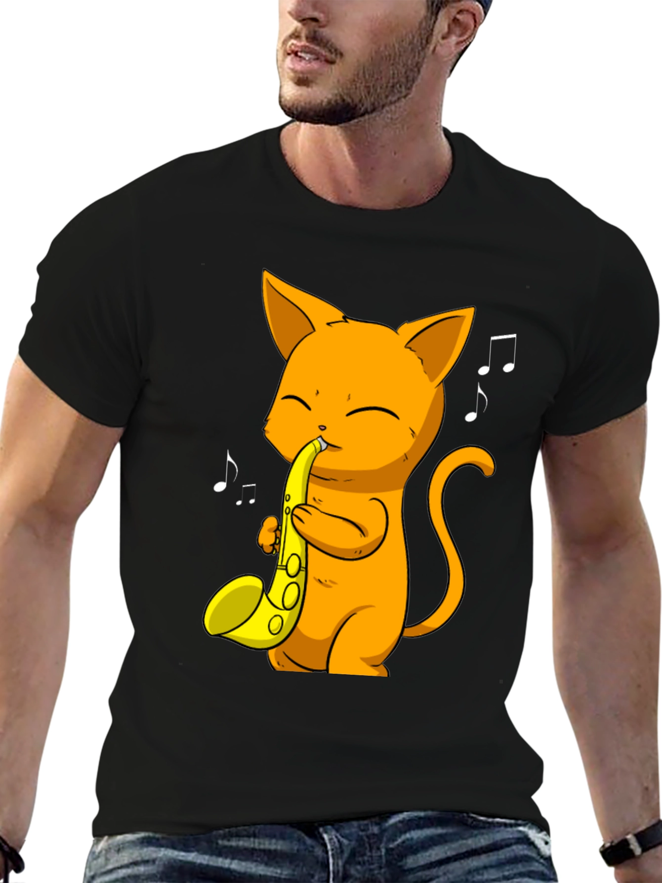 Cat Saxophone Player Black T-Shirt