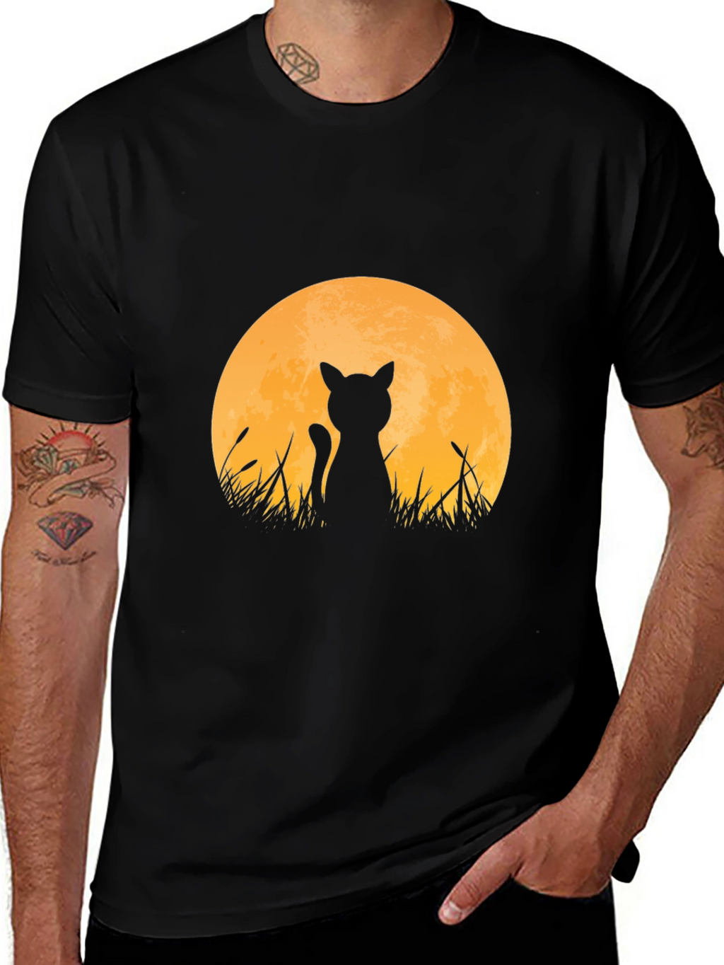 Cat Silhouette Moon T-Shirt - Black