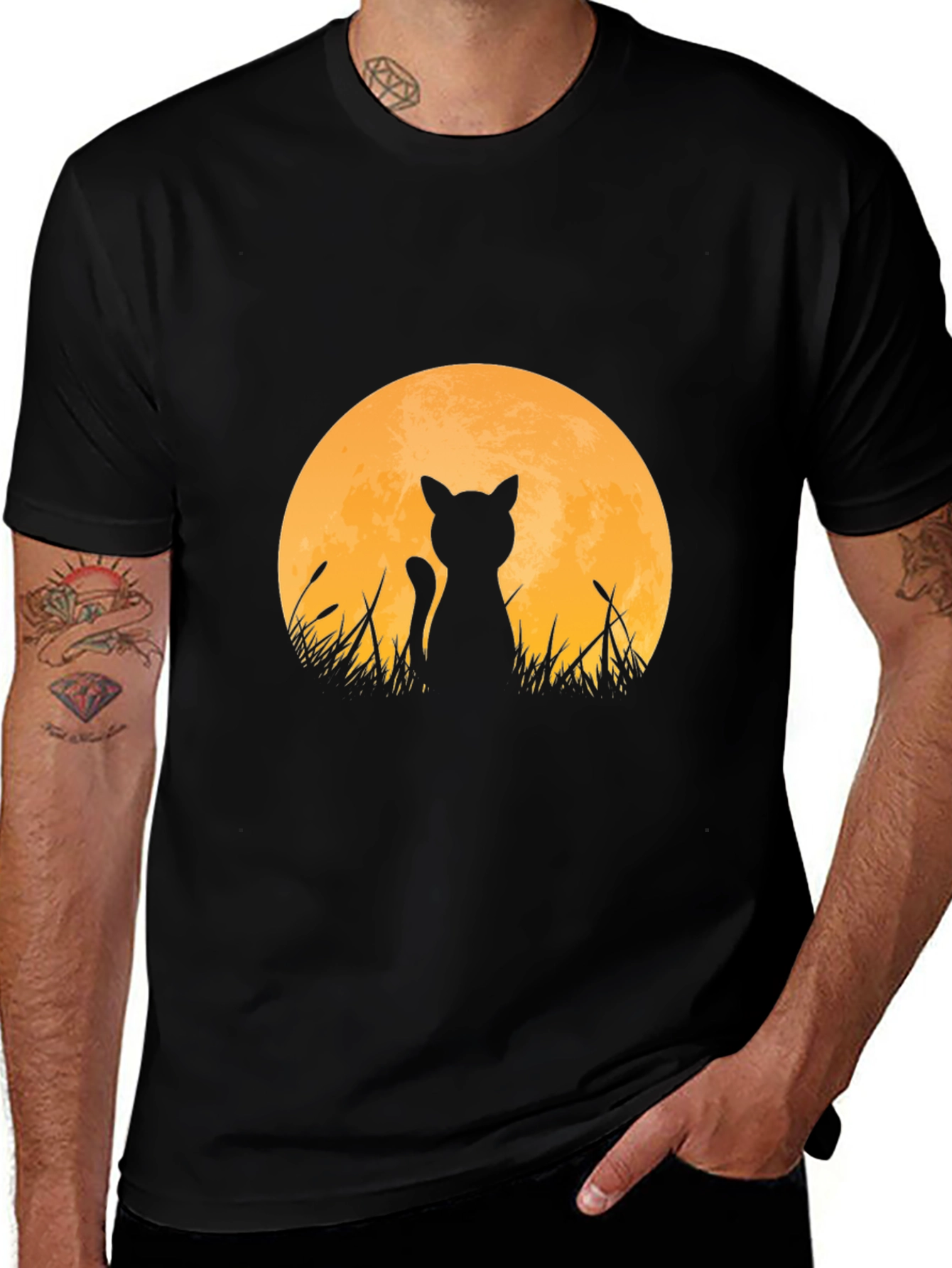Cat Silhouette Moon T-Shirt - Black