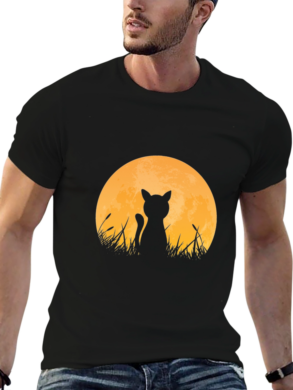 Cat Silhouette Moon T-Shirt - Black