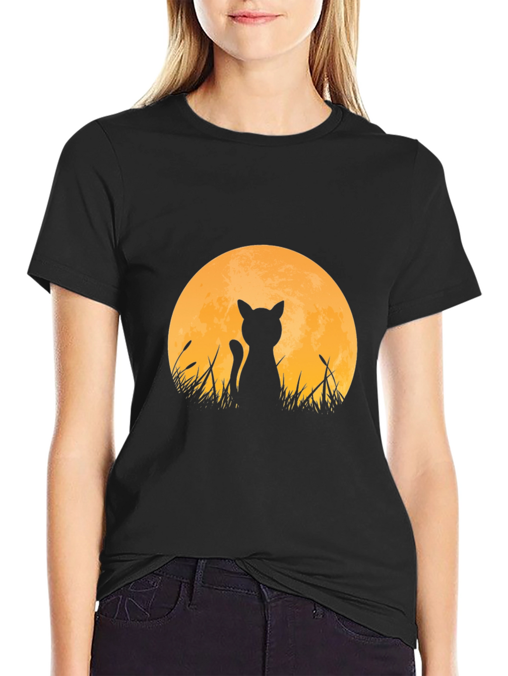 Cat Silhouette Moon T-Shirt - Black