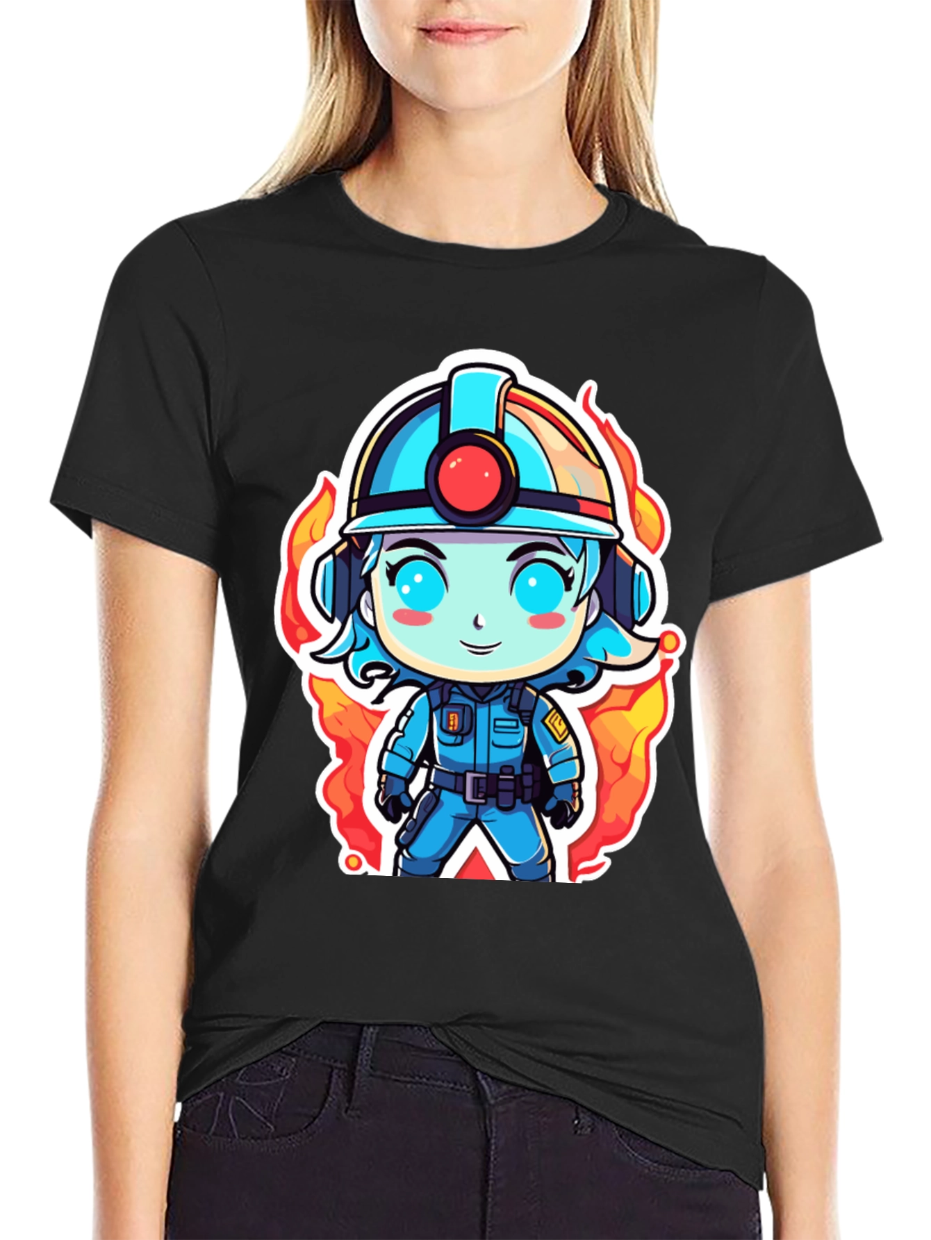 Cartoon Firefighter T-Shirt - Black Cotton Tee