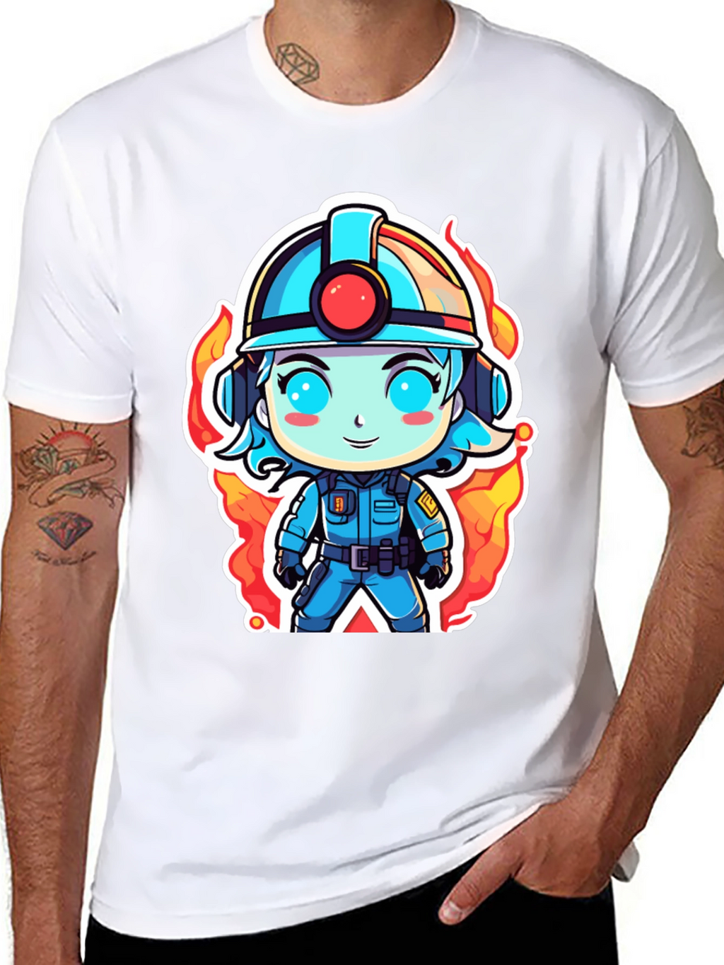 Cartoon Firefighter T-Shirt - Black Cotton Tee