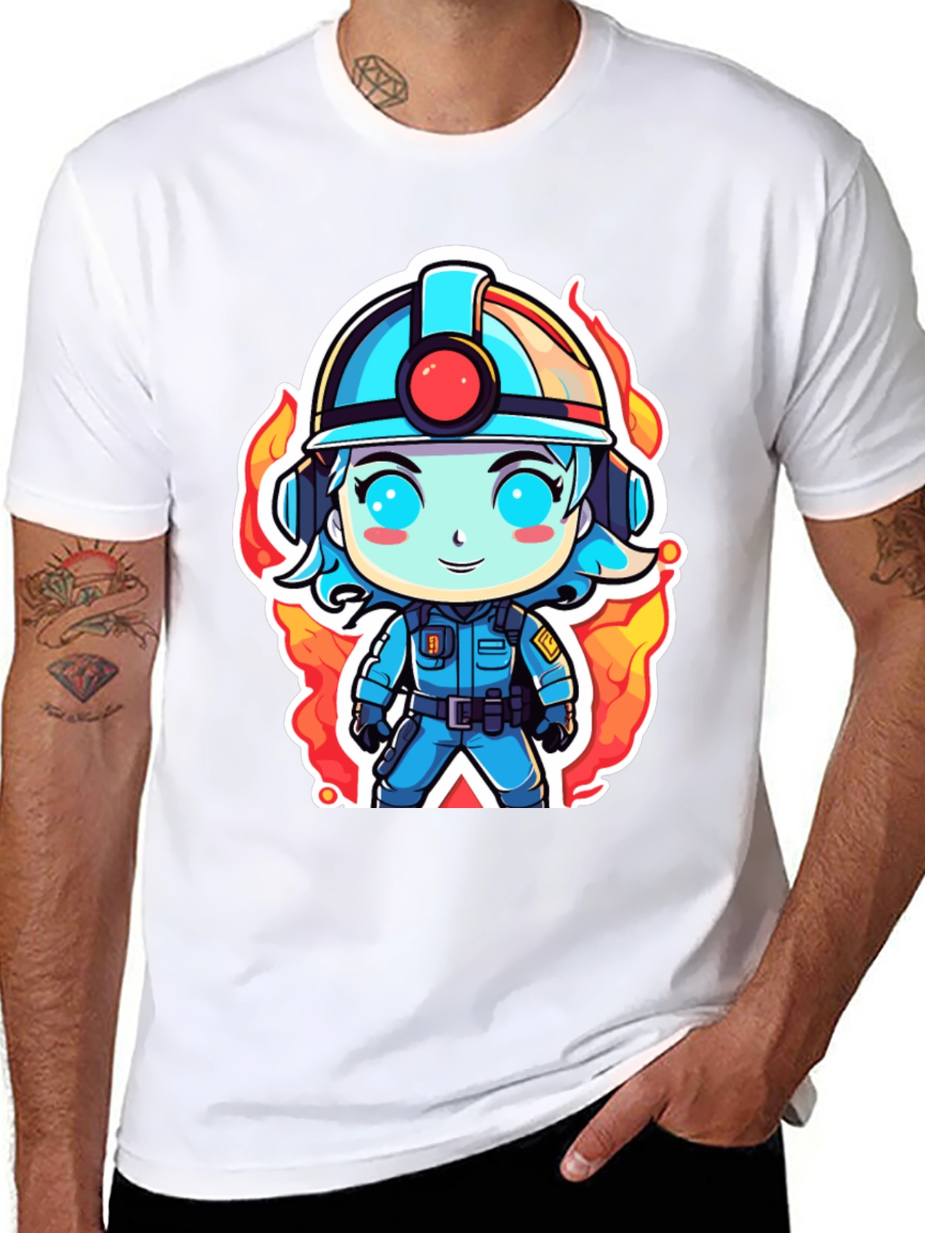 Cartoon Firefighter T-Shirt - Black Cotton Tee