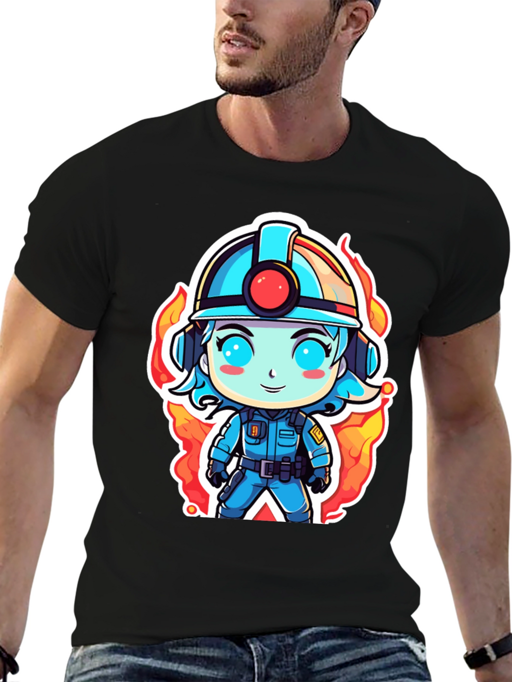 Cartoon Firefighter T-Shirt - Black Cotton Tee