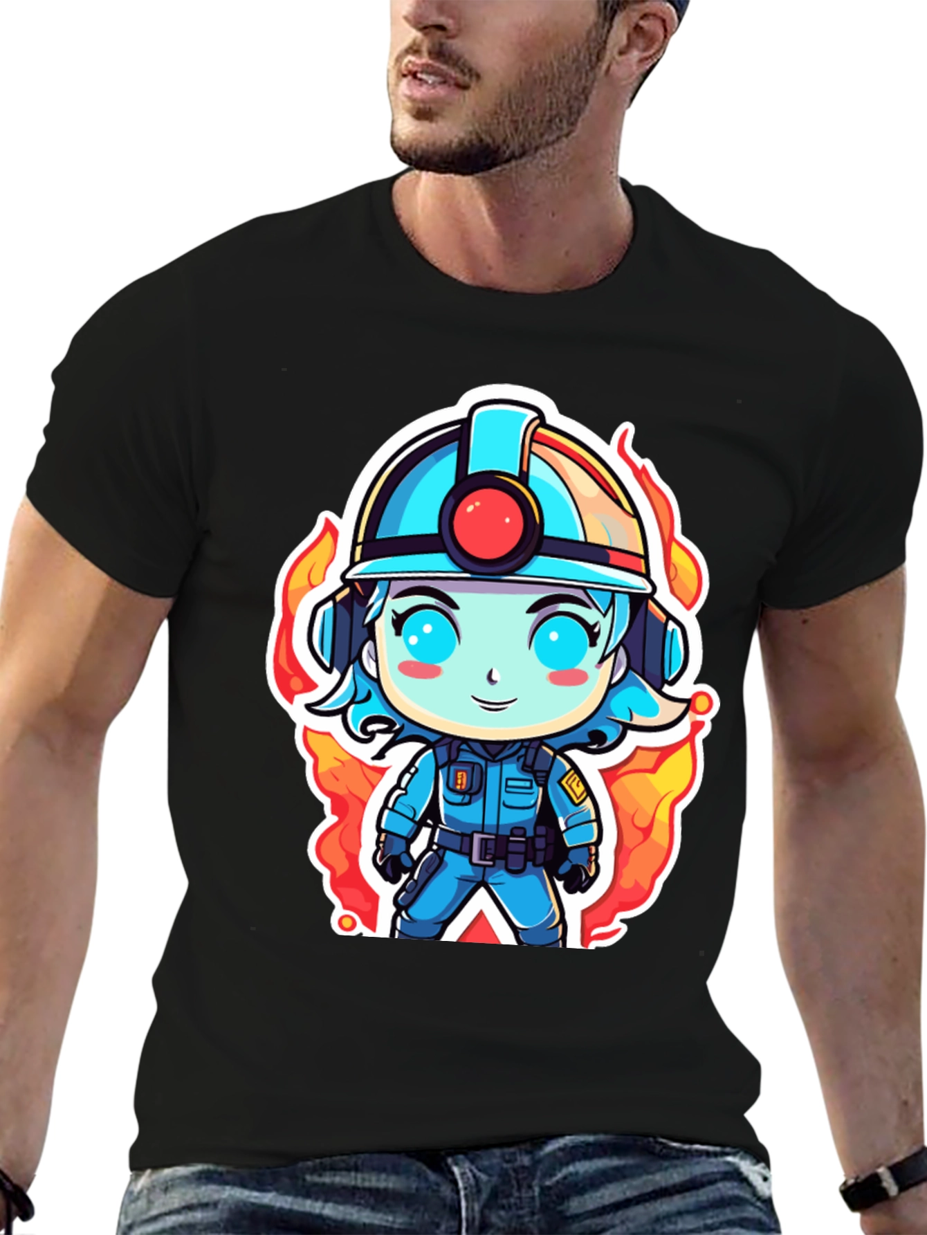 Cartoon Firefighter T-Shirt - Black Cotton Tee