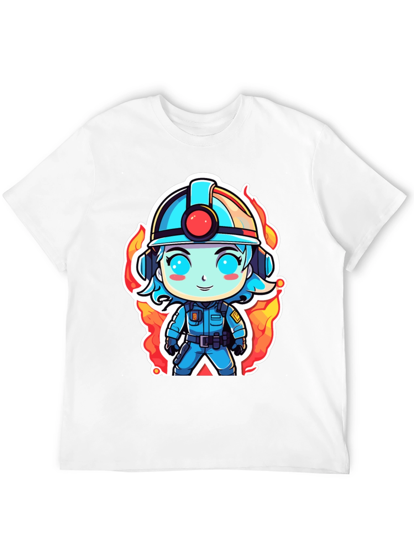 Cartoon Firefighter T-Shirt - Black Cotton Tee