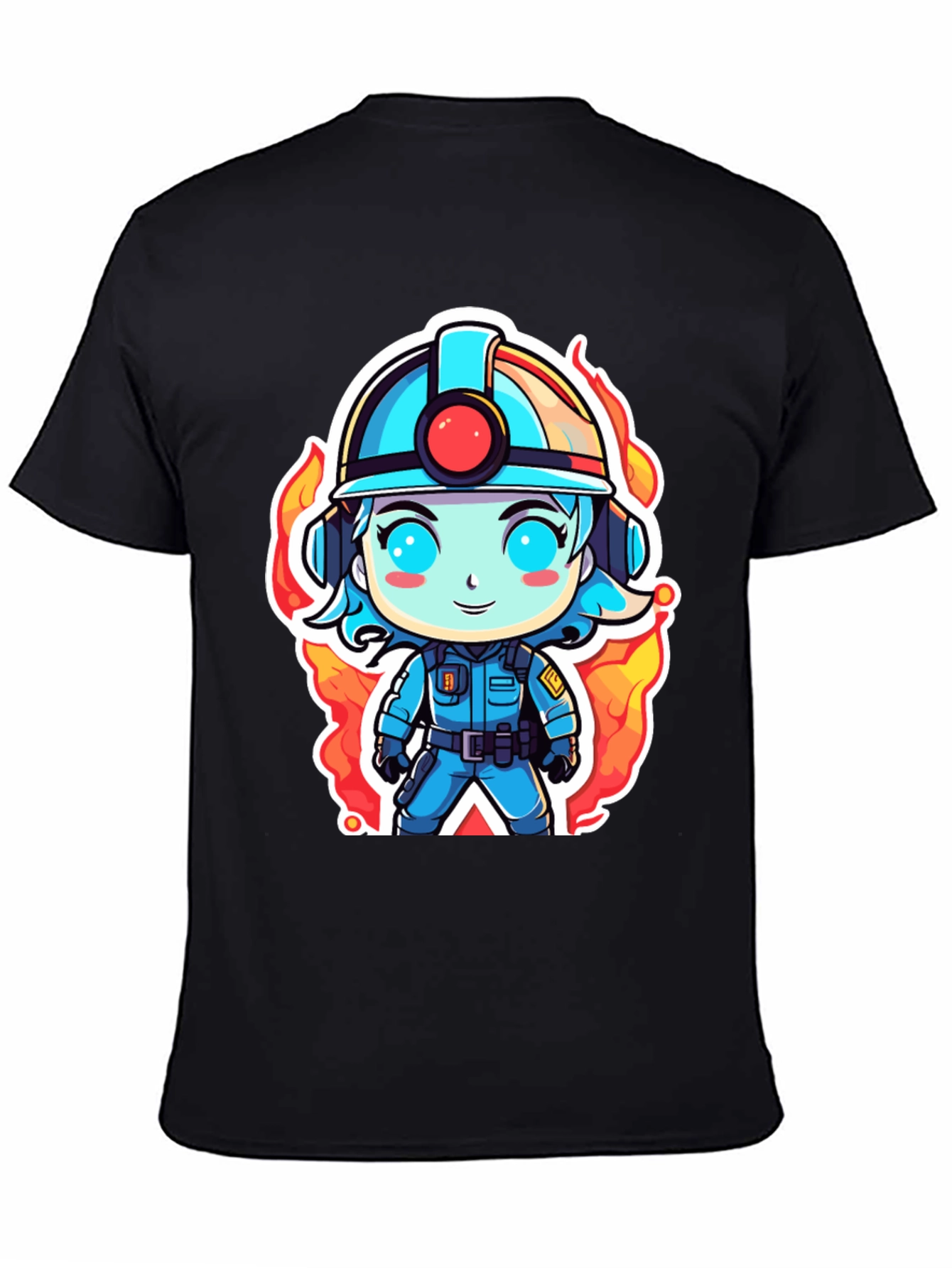 Cartoon Firefighter T-Shirt - Black Cotton Tee