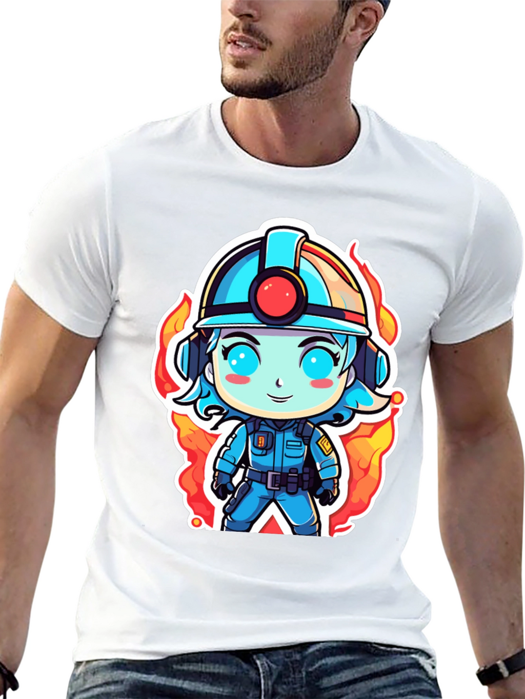 Cartoon Firefighter T-Shirt - Black Cotton Tee