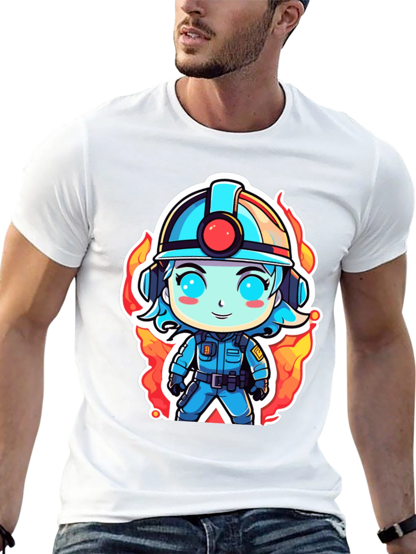 Cartoon Firefighter T-Shirt - Black Cotton Tee