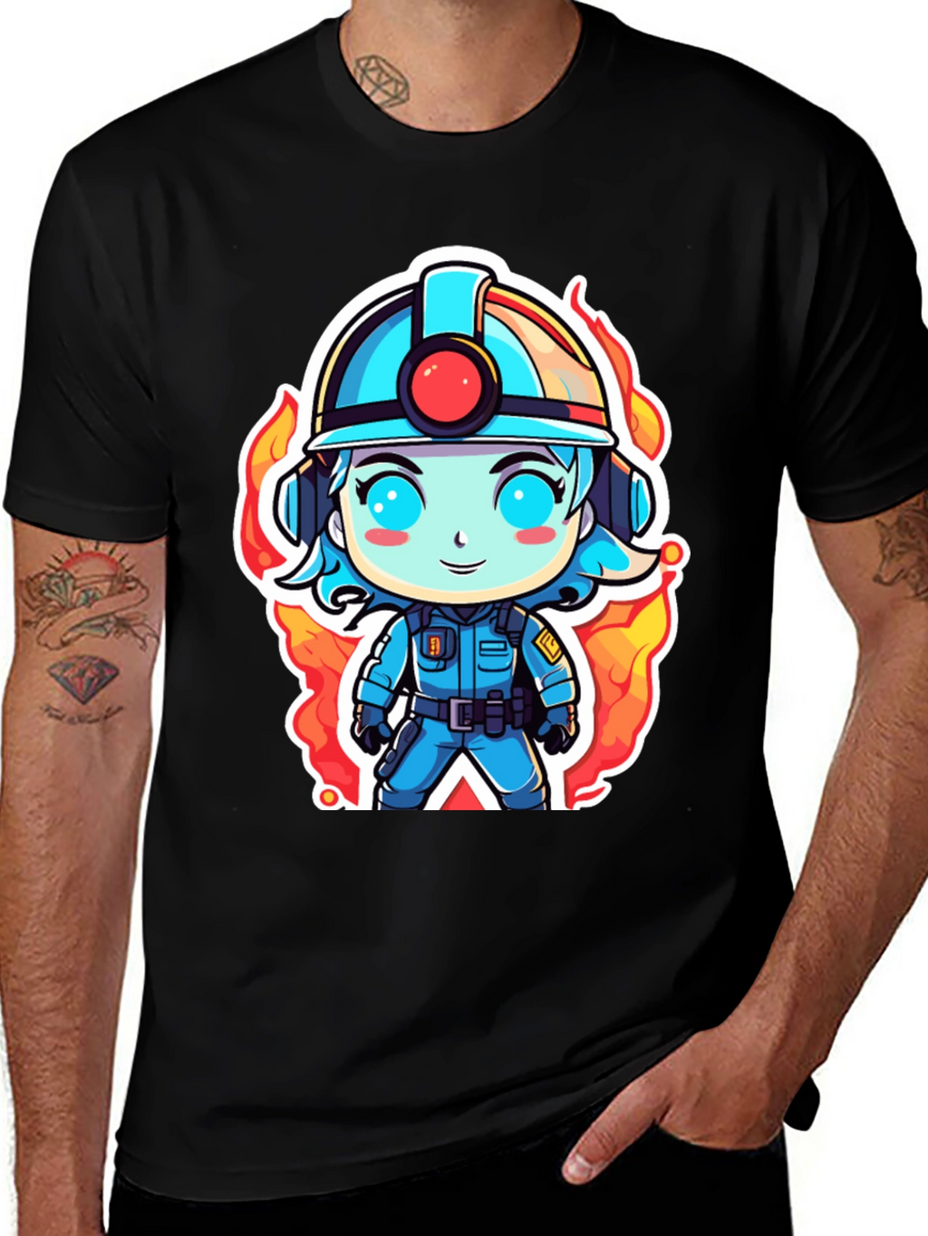 Cartoon Firefighter T-Shirt - Black Cotton Tee