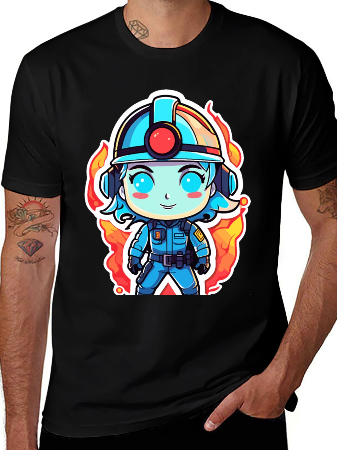 Cartoon Firefighter T-Shirt - Black Cotton Tee