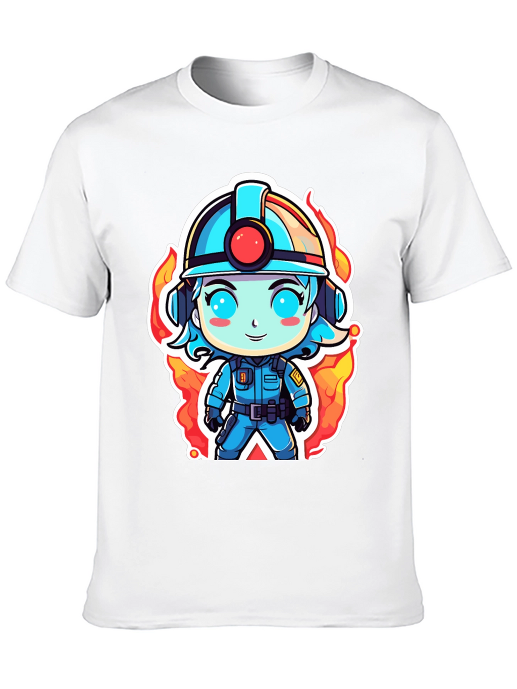 Cartoon Firefighter T-Shirt - Black Cotton Tee