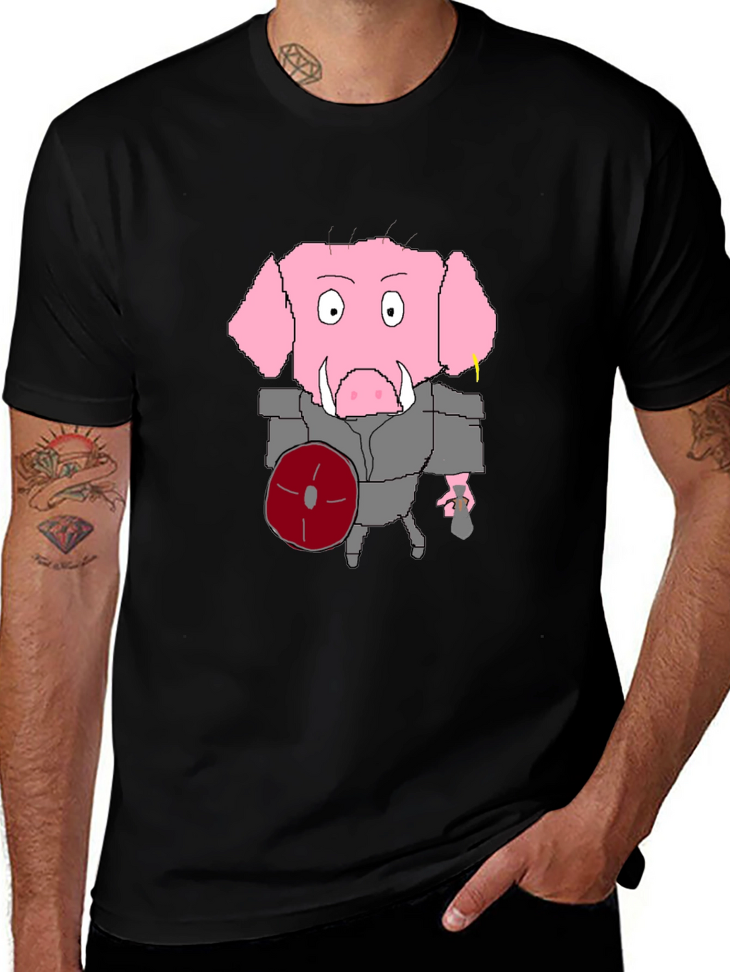 Cartoon Pig Gladiator Black T-Shirt