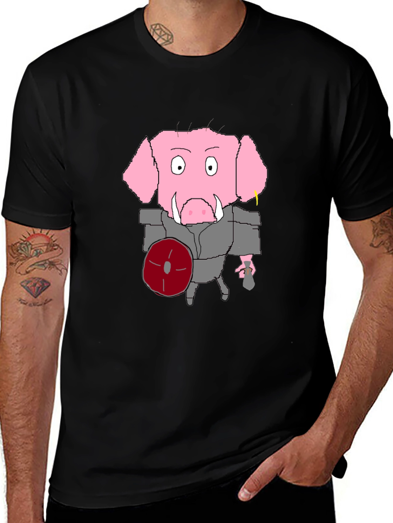 Cartoon Pig Gladiator Black T-Shirt