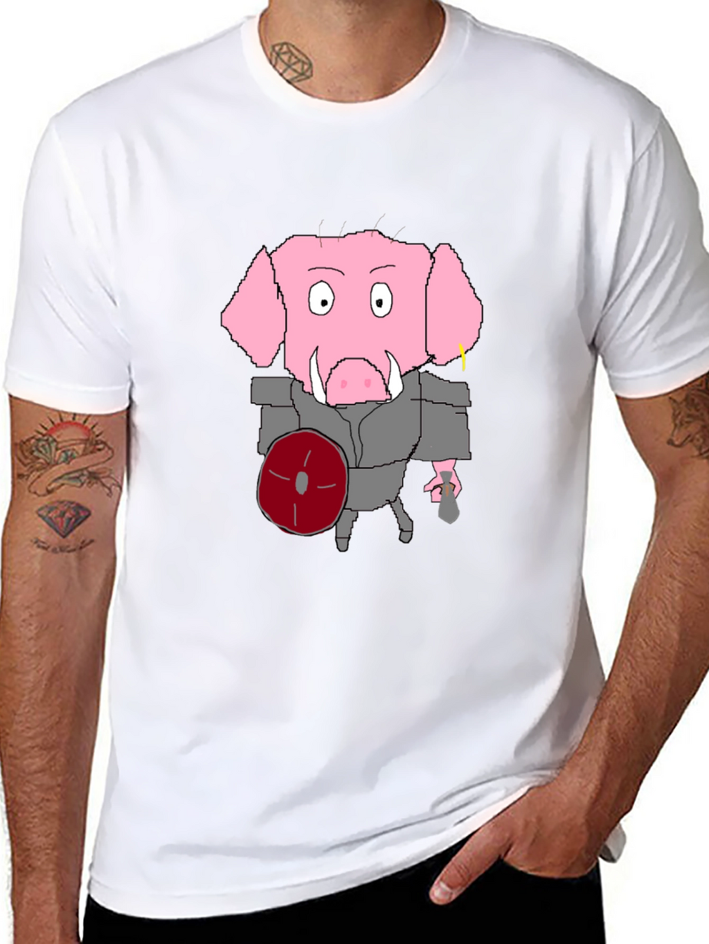 Cartoon Pig Gladiator Black T-Shirt