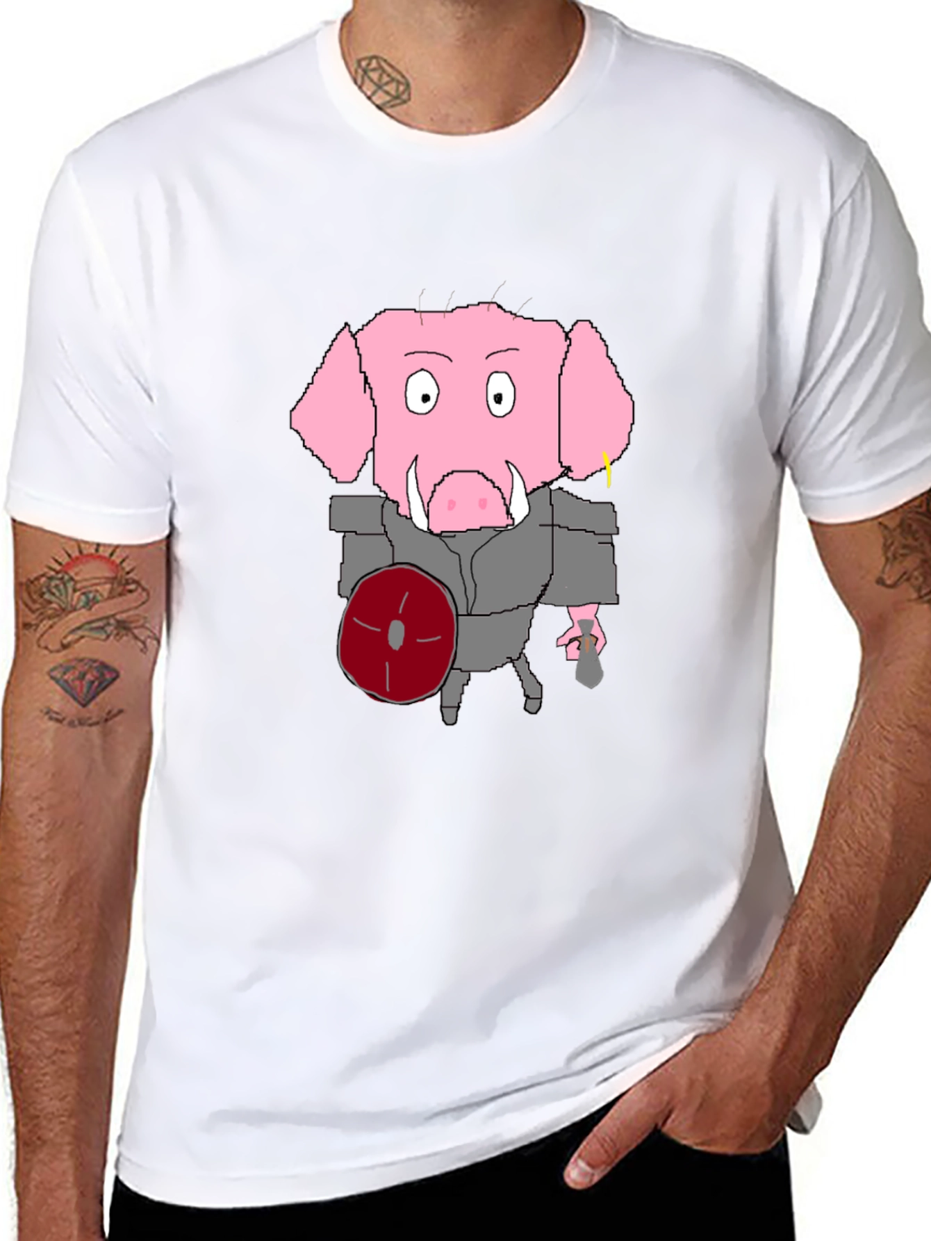 Cartoon Pig Gladiator Black T-Shirt