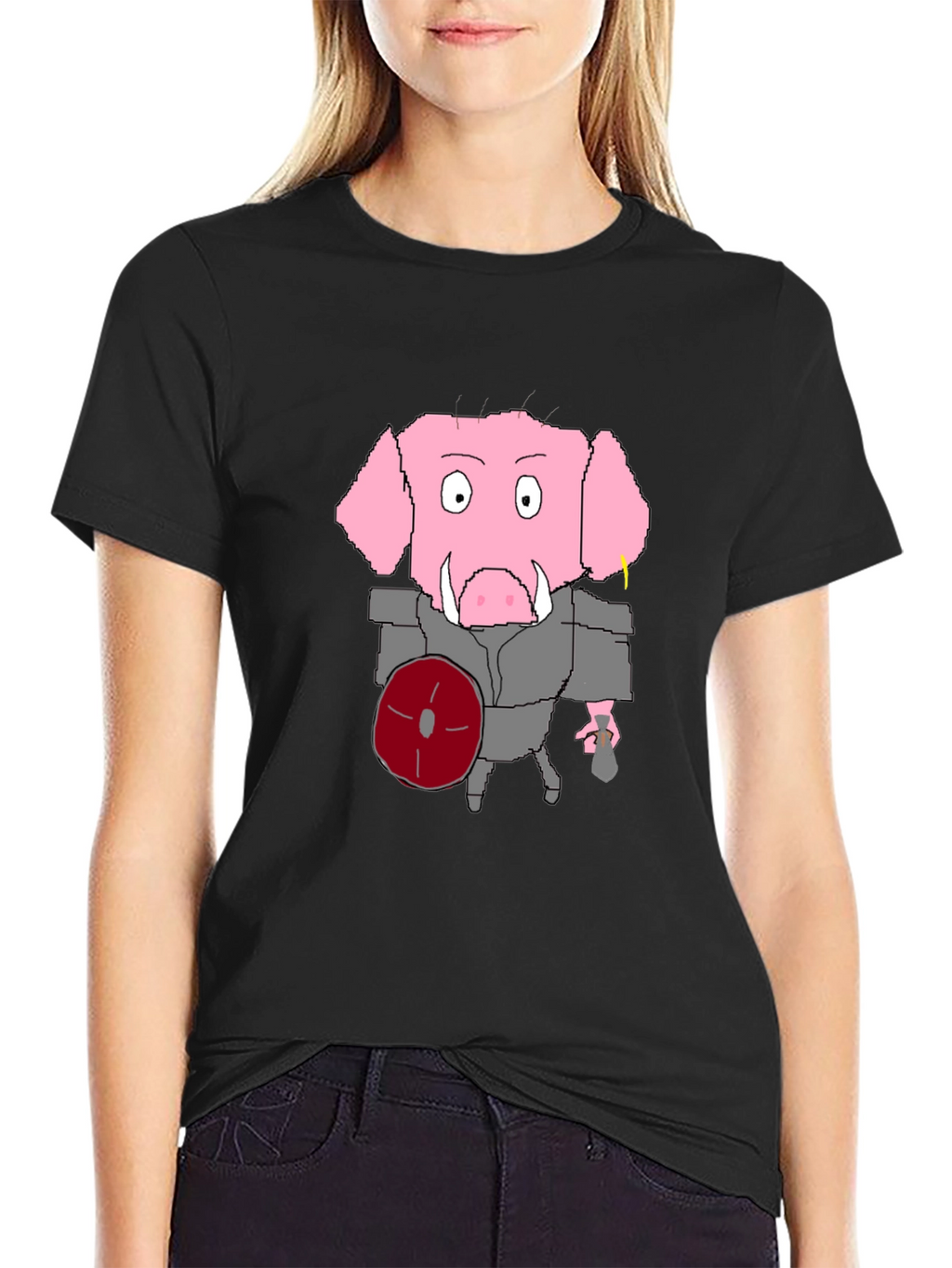 Cartoon Pig Gladiator Black T-Shirt