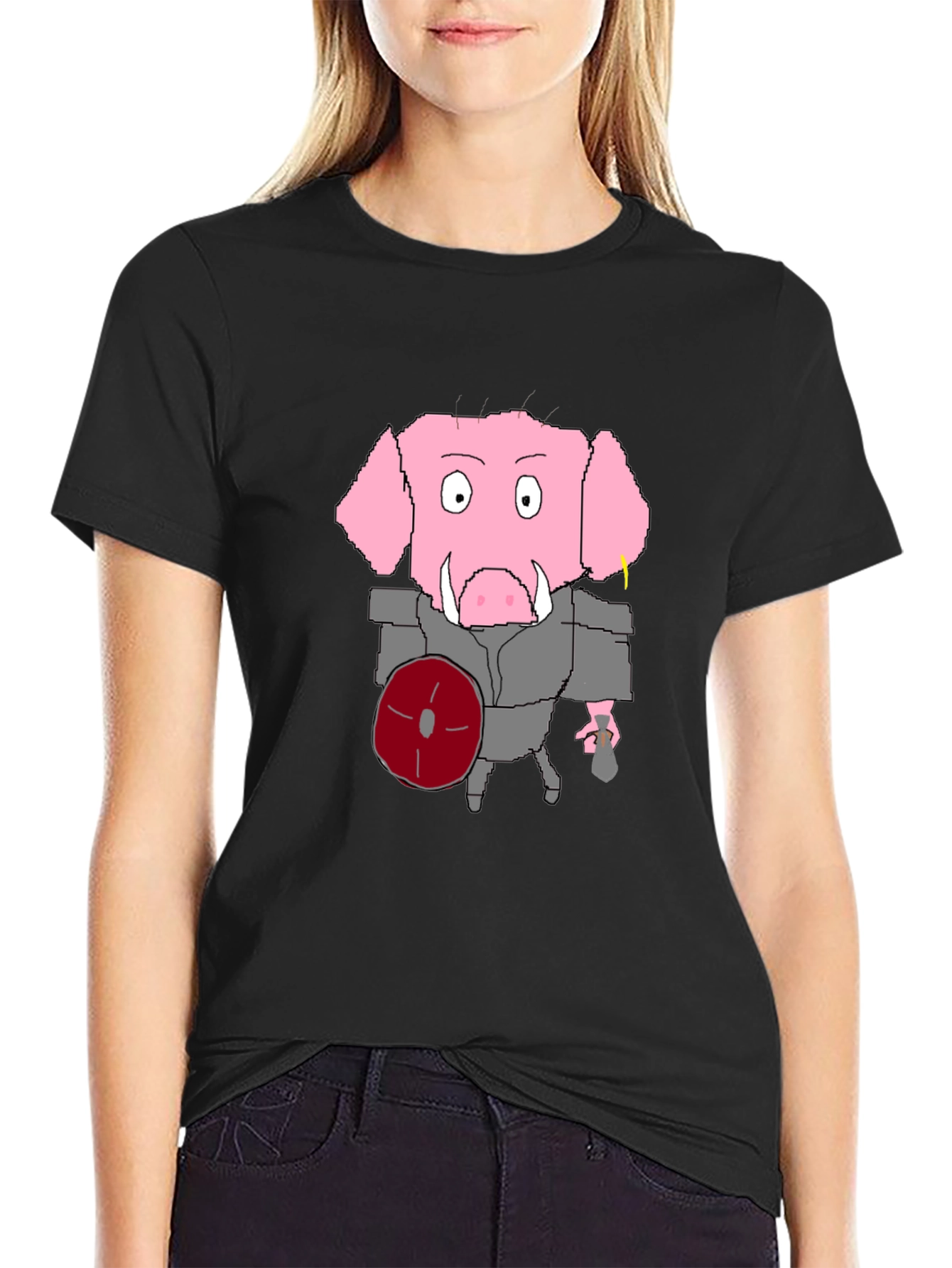 Cartoon Pig Gladiator Black T-Shirt